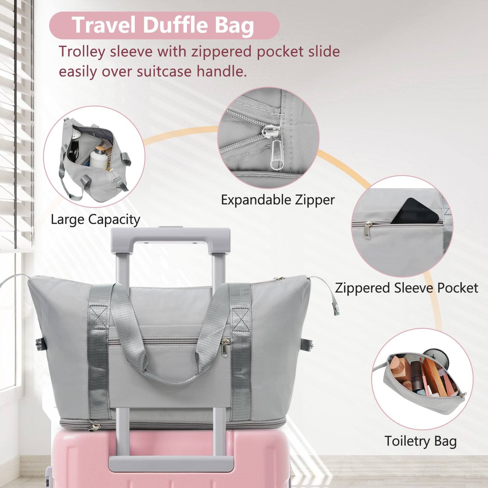 Travel Duffle Bag

- Trolley sleeve with zippered pocket slide easily over suitcase handle.
- Large Capacity
- Expandable Zipper
- Zippered Sleeve Pocket
- Toiletry Bag