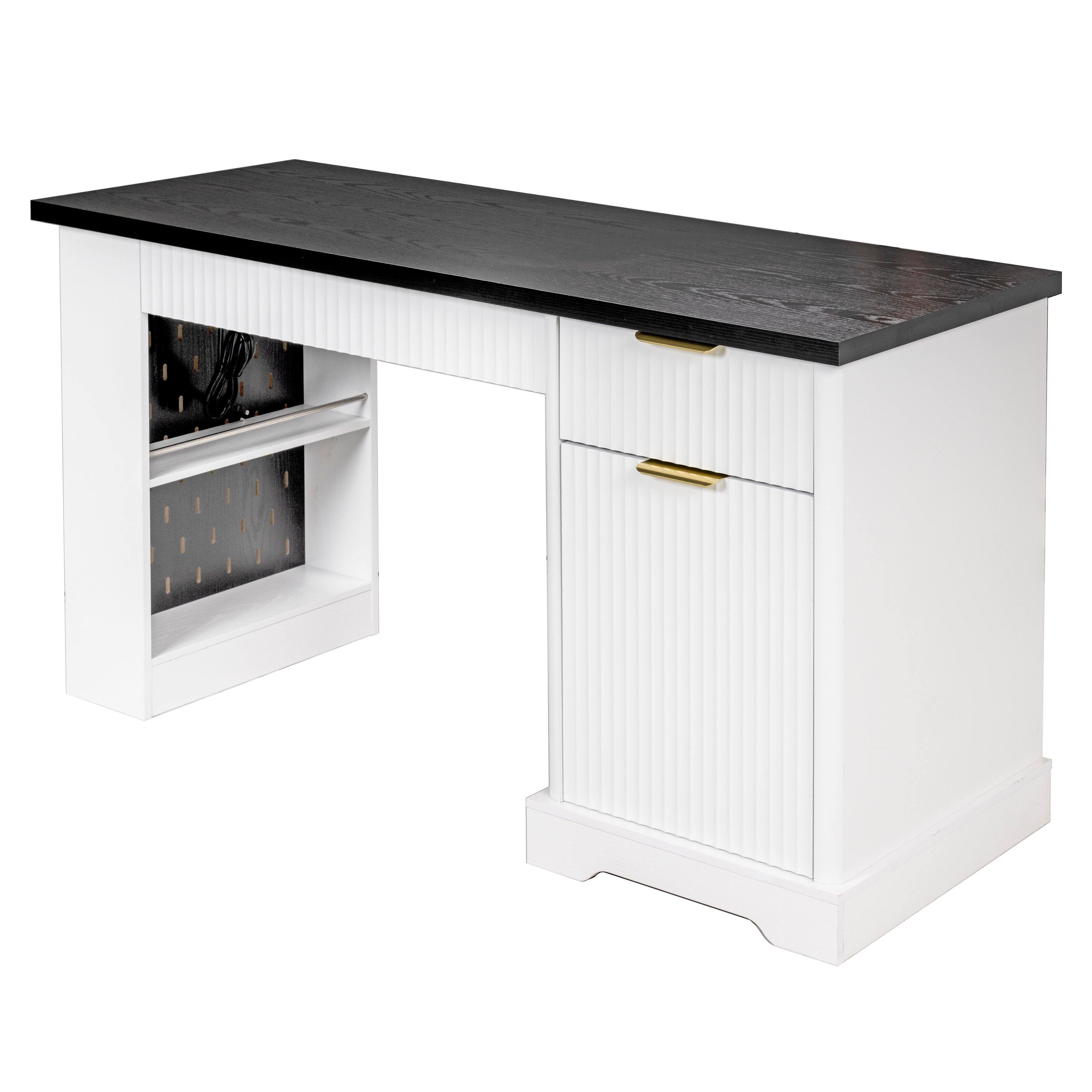 Alt View 2. Boyel Living - 55 Inch Fluted Office Desk with Storage Cabinet Drawers and Power Outlet White - Oak.
