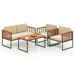 Pefilos - 4 Pieces Acacia Wood Outdoor Sofa Set, Furniture Conversation Sets, Coffee Table for Garden, Pool Area, Backyard - Beige