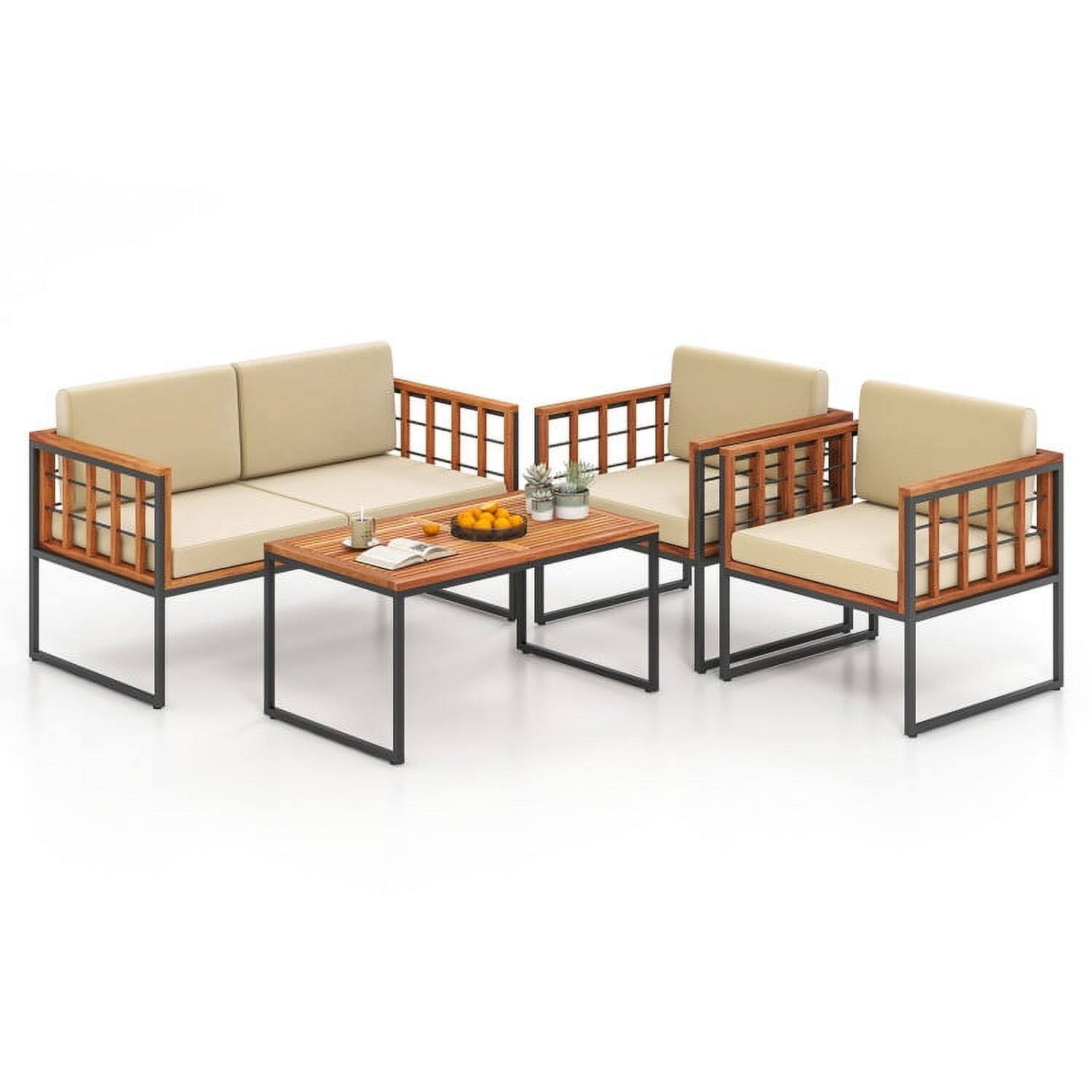 Front. Pefilos - 4 Pieces Acacia Wood Outdoor Sofa Set, Furniture Conversation Sets, Coffee Table for Garden, Pool Area, Backyard - Beige.