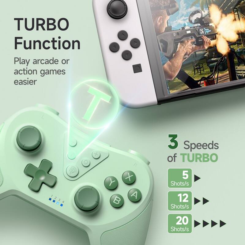 TURBO Function  
Play arcade or action games easier  

3 Speeds of TURBO  
5 Shots/s  
12 Shots/s  
20 Shots/s