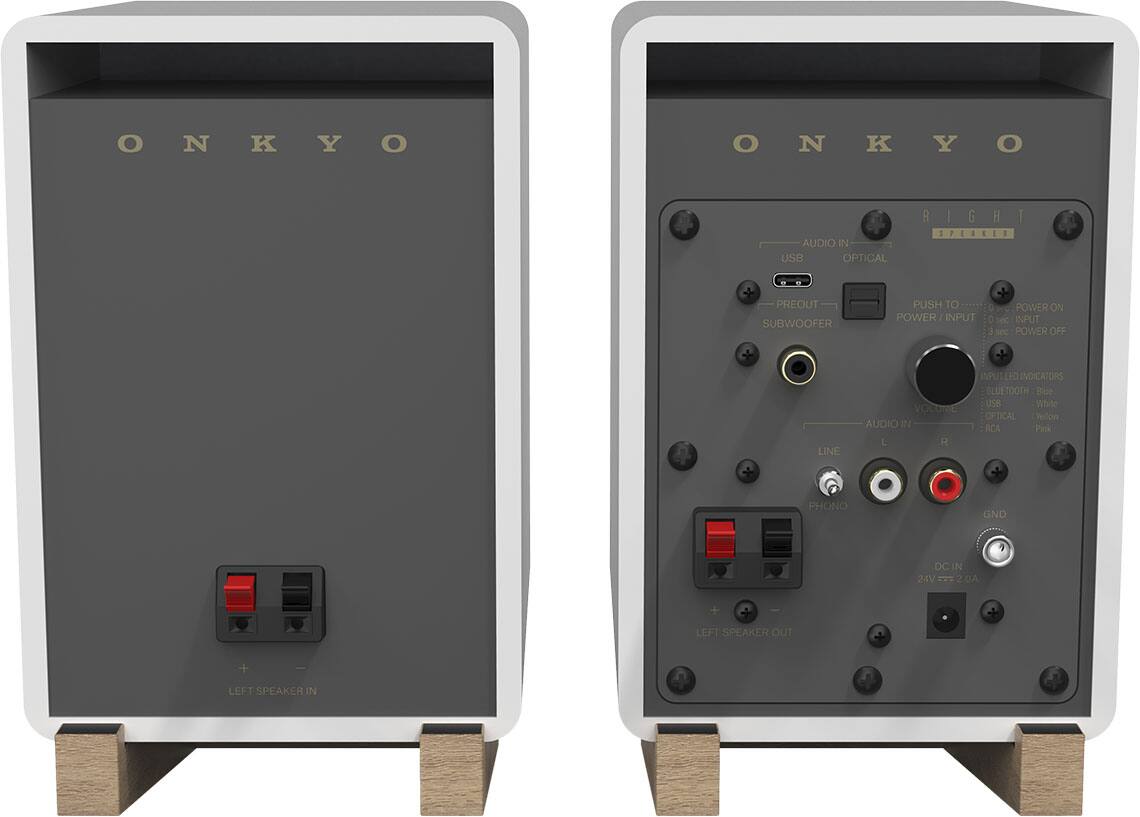 ONKYO O N K Y ONKYO O N K Y R RIGHT G H 1 SPEAKER 1, 1 I AUDIO IN USB OPTICAL PREOUT SUBWOOFER PUSH TO C POWER ON POWER INPUT 0 sec INPUT 3 sec POWER OFF LINE VOLUME AUDIO IN L R NPUT ED INDICATORS BLUETOOTH Blue USB White OPTICAL Yellow RCA Pink PHONO GND DCIN 24V 2R 2 AO LEFT SPEAKER OUT + LEFT SPEAKER IN