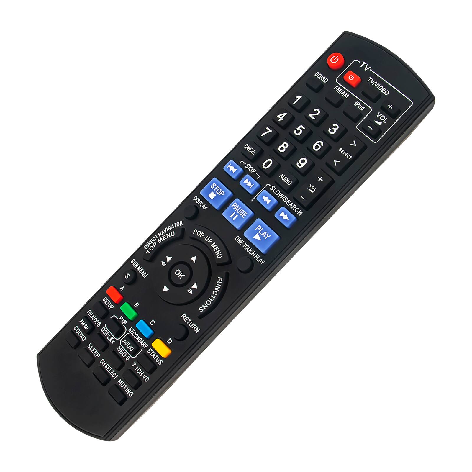 Sure, here is the corrected and grouped text from the image:

**Top Section:**
- TV/VIDEO
- BD/SD
- FM/AM
- iPod

**Number Pad:**
- 1 2 3
- 4 5 6
- 7 8 9
- 0

**Volume and Audio:**
- VOL +
- VOL -
- AUDIO +
- AUDIO -

**Navigation:**
- CANCEL
- SELECT
- SKIP -
- SKIP +
- SLOW/SEARCH
- DISPLAY
- PAUSE
- PLAY
- STOP
- ONE TOUCH PLAY

**Menu and Functions:**
- MENU
- OK
- RETURN
- SETUP
- FUNCTIONS
- PIP
- SECONDARY
- DOPLEX
- SLEEP
- STATUS
- CHSELECT
- 1CHVS
- MUTE

**Bottom Section:**
- A
- B
- C
- D
- AMODE
- PIR
- SECONDARY
- AUDIO
- STATUS
- SLEEP
- SELECT
- MUTE
- NEAR
- 1CHVS