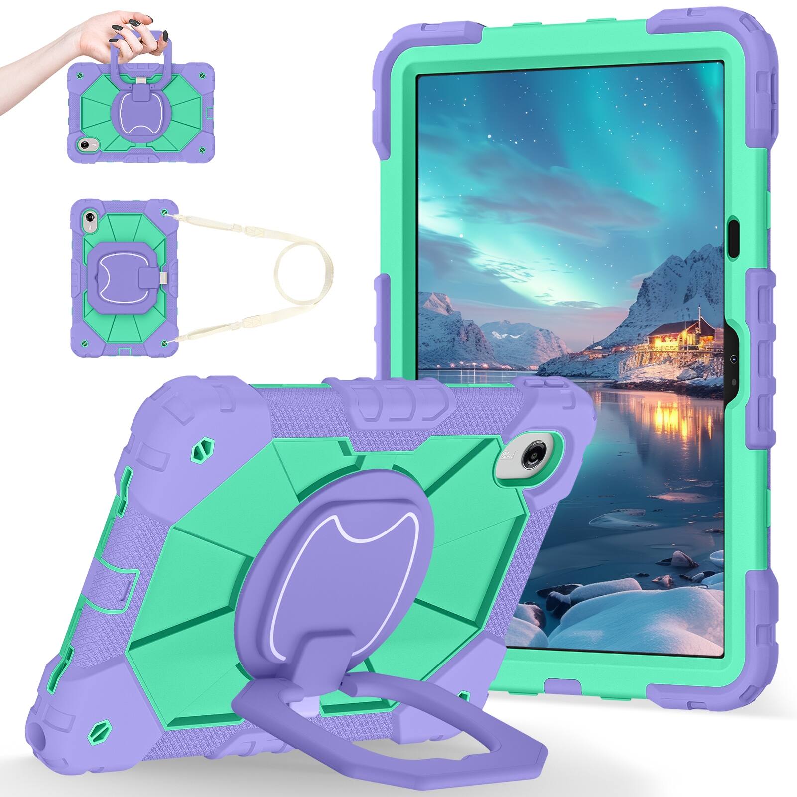 Angle. UUCOVER - Shockproof Case for Lenovo Idea Tab 11 inch (TB336) 2025 /K11 Gen 2 360° Rotating Stand Hand Grip Cover+Shoulder Strap - Purple+Mint.