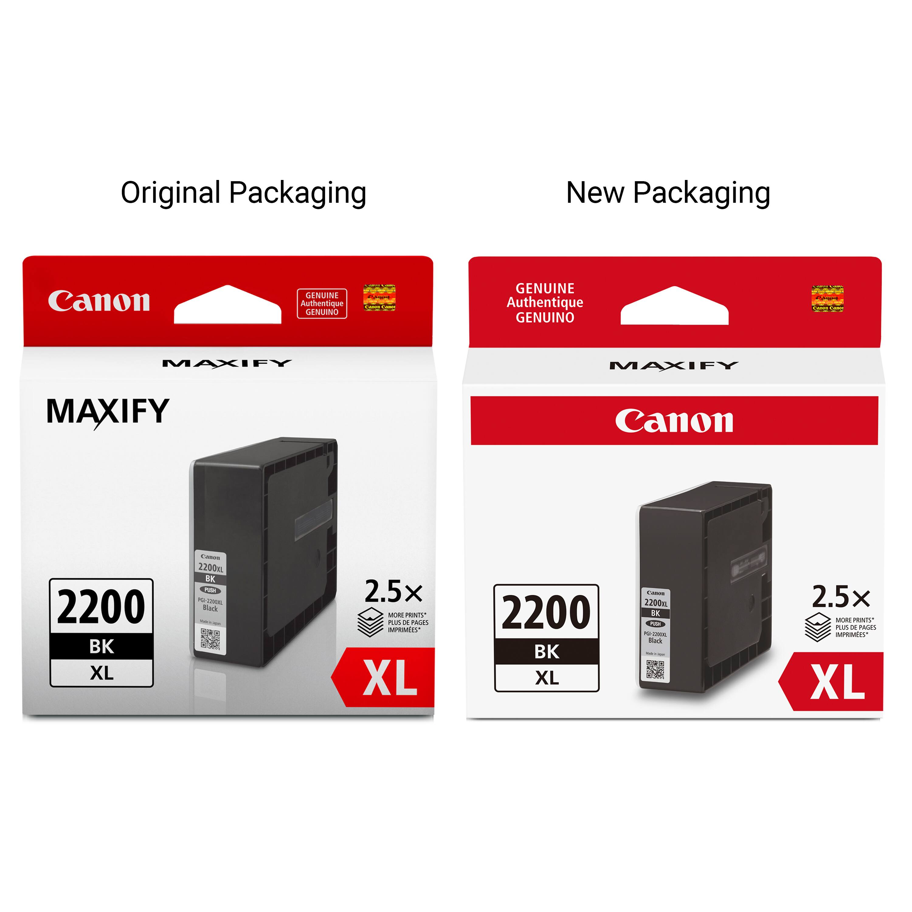 Original Packaging New Packaging Canon GENUINI Authentique GENUINO GENUINE Authentique GENUINO MAXIFY MAXIFY MAXIFY Canon 2200 K XL - 2200mL DE - P - Back 2.5x MORE PRINTY huri iN Pas IPRinS XL 2200 BK XL - 200m iE  - - ak 2.5x MOR PROUTSN Ps - PRGES MPRMERS XL