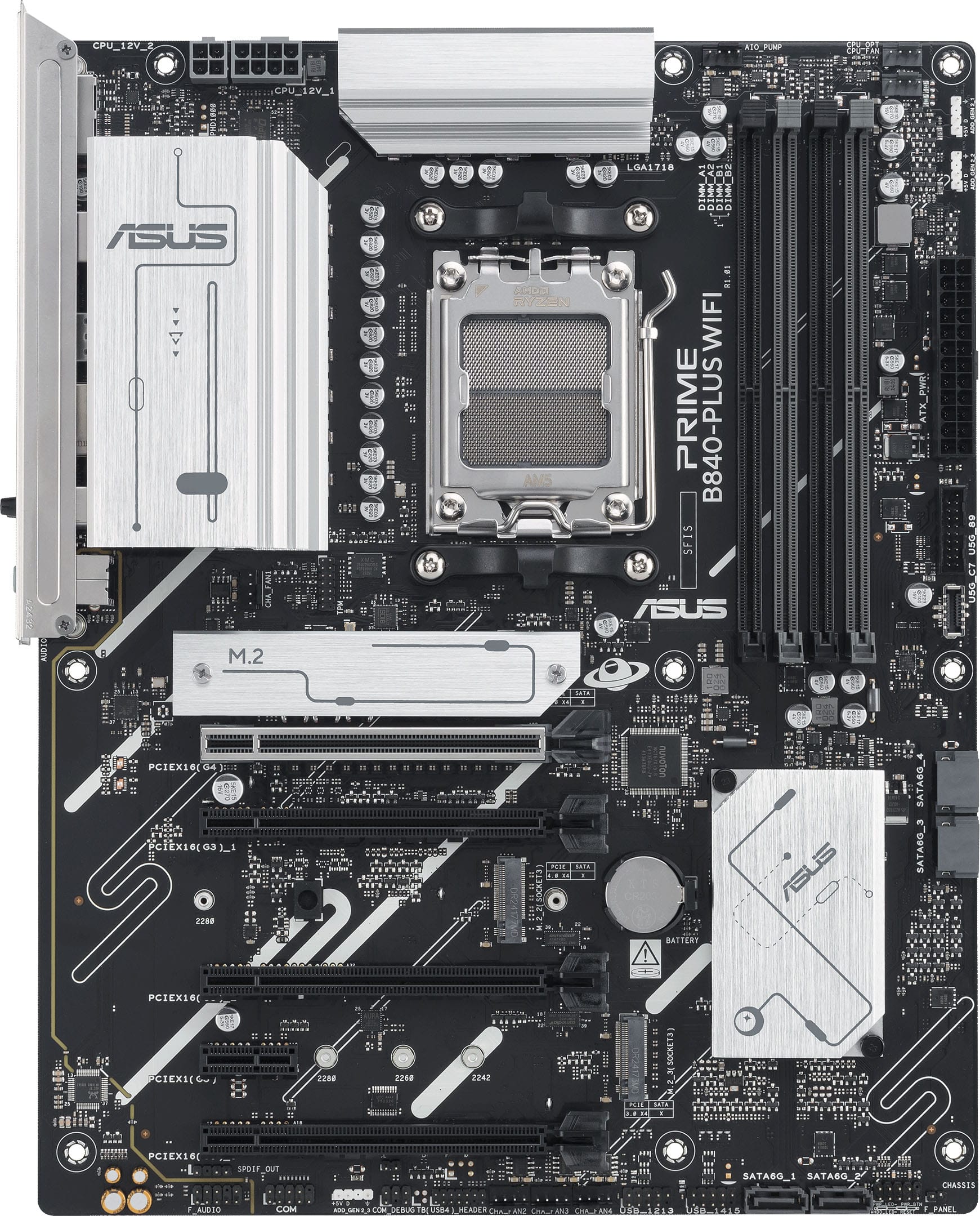 The image shows a close-up view of a computer motherboard, specifically an ASUS motherboard. The motherboard features a variety of components, including a CPU, RAM, and a Wi-Fi adapter. There are also several ports, including a PCIe x16 slot and a PCIe x1 slot. The motherboard is designed for a desktop computer and is equipped with a variety of connectivity options, such as USB and HDMI ports. The image provides a detailed view of the internal components of the computer, showcasing the intricate design and functionality of the motherboard.