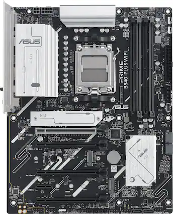 The image shows a close-up view of a computer motherboard, specifically an ASUS motherboard. The motherboard features a variety of components, including a CPU, RAM, and a Wi-Fi adapter. There are also several ports, including a PCIe x16 slot and a PCIe x1 slot. The motherboard is designed for a desktop computer and is equipped with a variety of connectivity options, such as USB and HDMI ports. The image provides a detailed view of the internal components of the computer, showcasing the intricate design and functionality of the motherboard.
