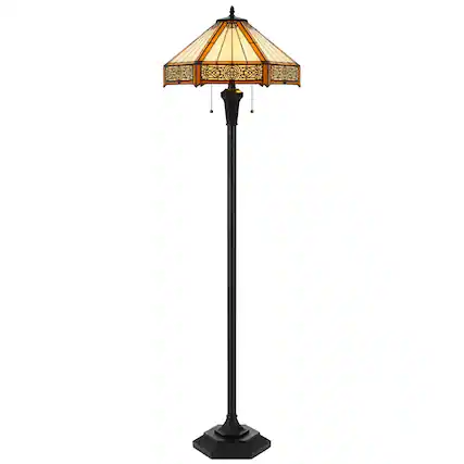 Front. Manhattan Lane - Eli 60 Inch Floor Lamp, Hexagonal Tiffany Style Shade, Dual Light.