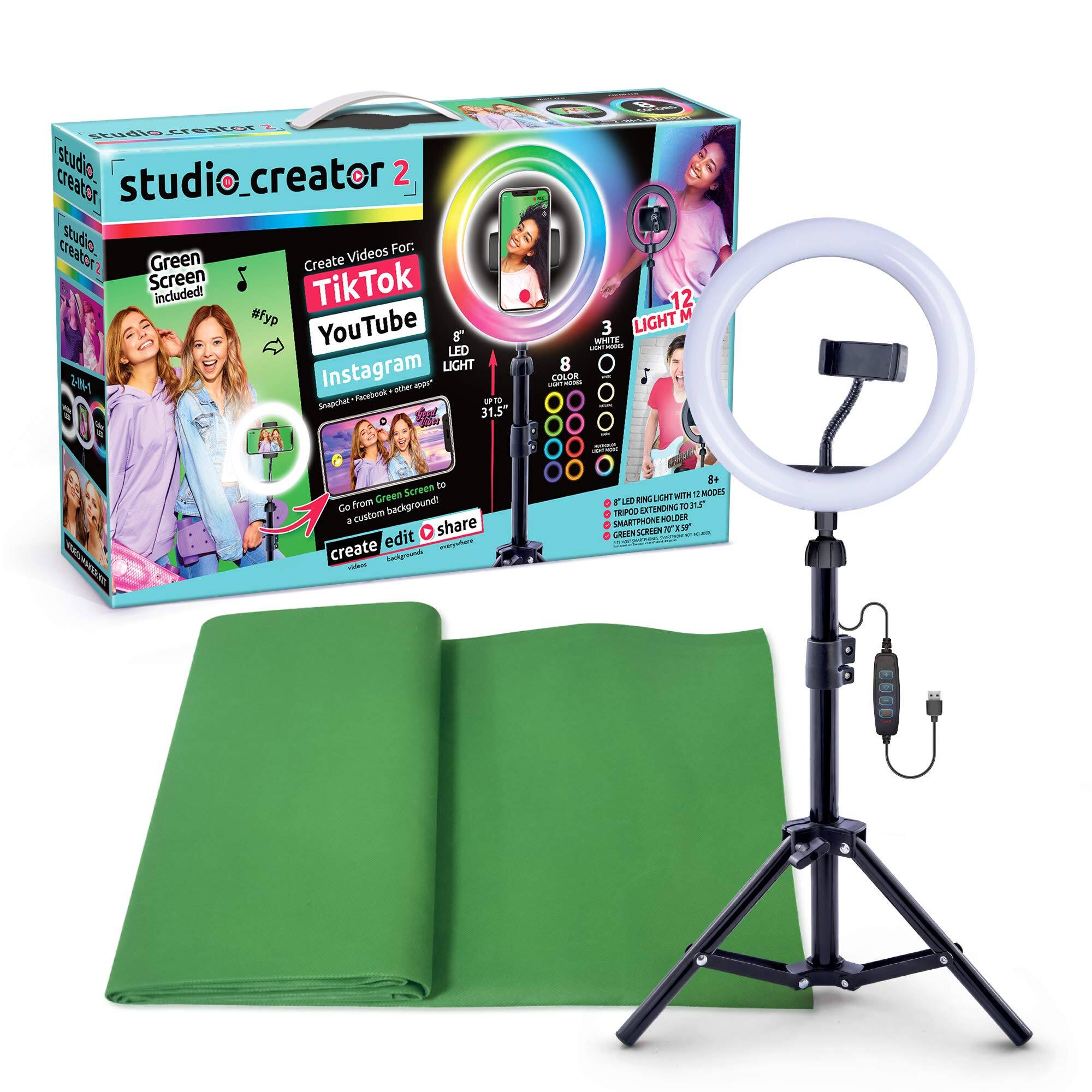 studio_creator 2

Green Screen Included!

Create Videos For:
- TikTok
- YouTube
- Instagram
- Snapchat - Facebook - other apps!

Go from Green Screen to a custom background!

8 COLOR MODES

12 LIGHT TM

8" LED RING LIGHT WITH 12 MODES
SMARTPHONE HOLDER
GREEN SCREEN INCLUDED!

31.5"

Create Videos

#fyp

LIGHT

8 COLOR MODES

12 LIGHT TM

8" LED RING LIGHT WITH 12 MODES
SMARTPHONE HOLDER
GREEN SCREEN INCLUDED!

31.5"

Create Videos

#fyp

LIGHT

8 COLOR MODES

12 LIGHT TM

8" LED RING LIGHT WITH 12 MODES
SMARTPHONE HOLDER
GREEN SCREEN INCLUDED!

31.5"

Create Videos

#fyp

LIGHT

8 COLOR MODES

12 LIGHT TM

8" LED RING LIGHT WITH 12 MODES
SMARTPHONE HOLDER
GREEN SCREEN INCLUDED!

31.5"

Create Videos

#fyp

LIGHT

8 COLOR MODES

12 LIGHT TM

8" LED RING LIGHT WITH 12 MODES
SMARTPHONE HOLDER
GREEN SCREEN INCLUDED!

31.5"

