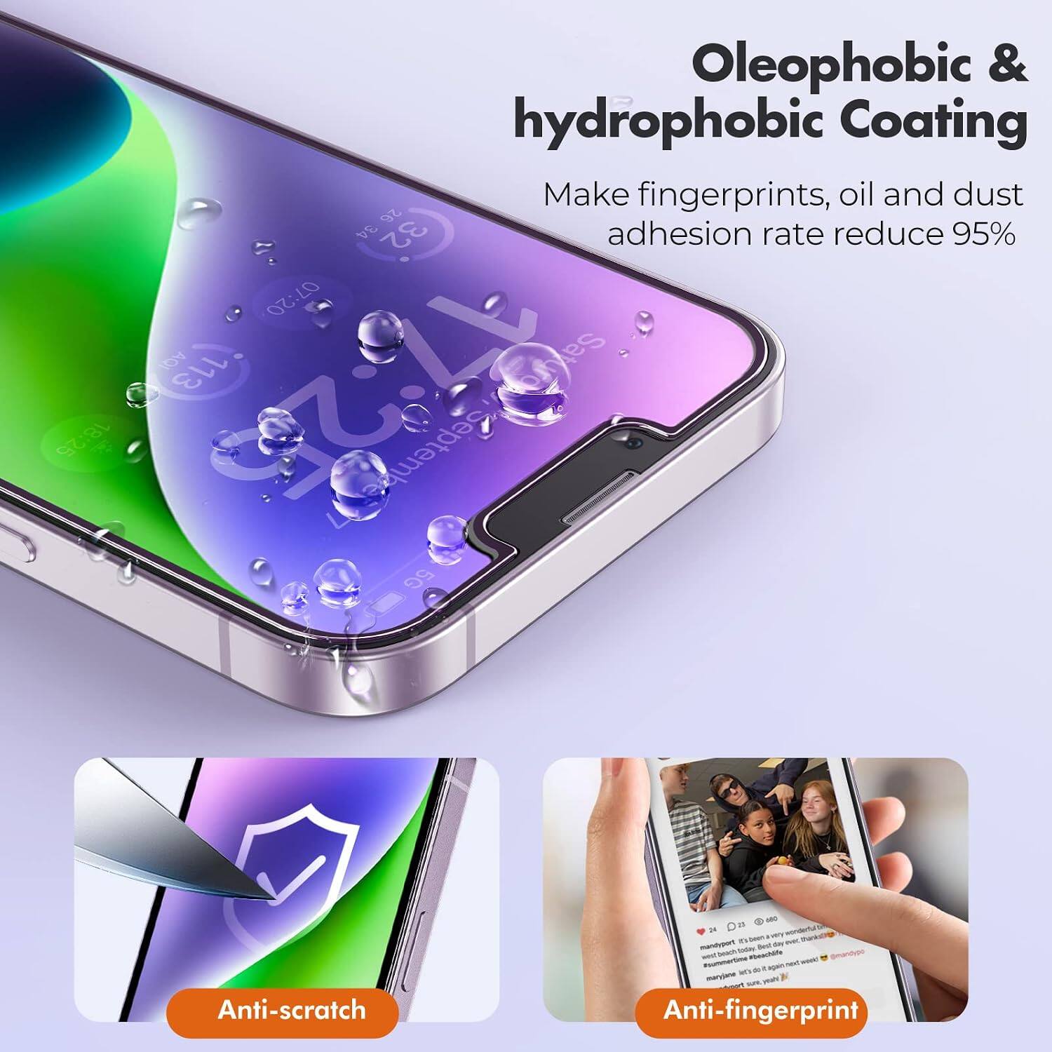 Oleophobic & hydrophobic Coating  
Make fingerprints, oil and dust adhesion rate reduce 95%  

Anti-scratch  
Anti-fingerprint