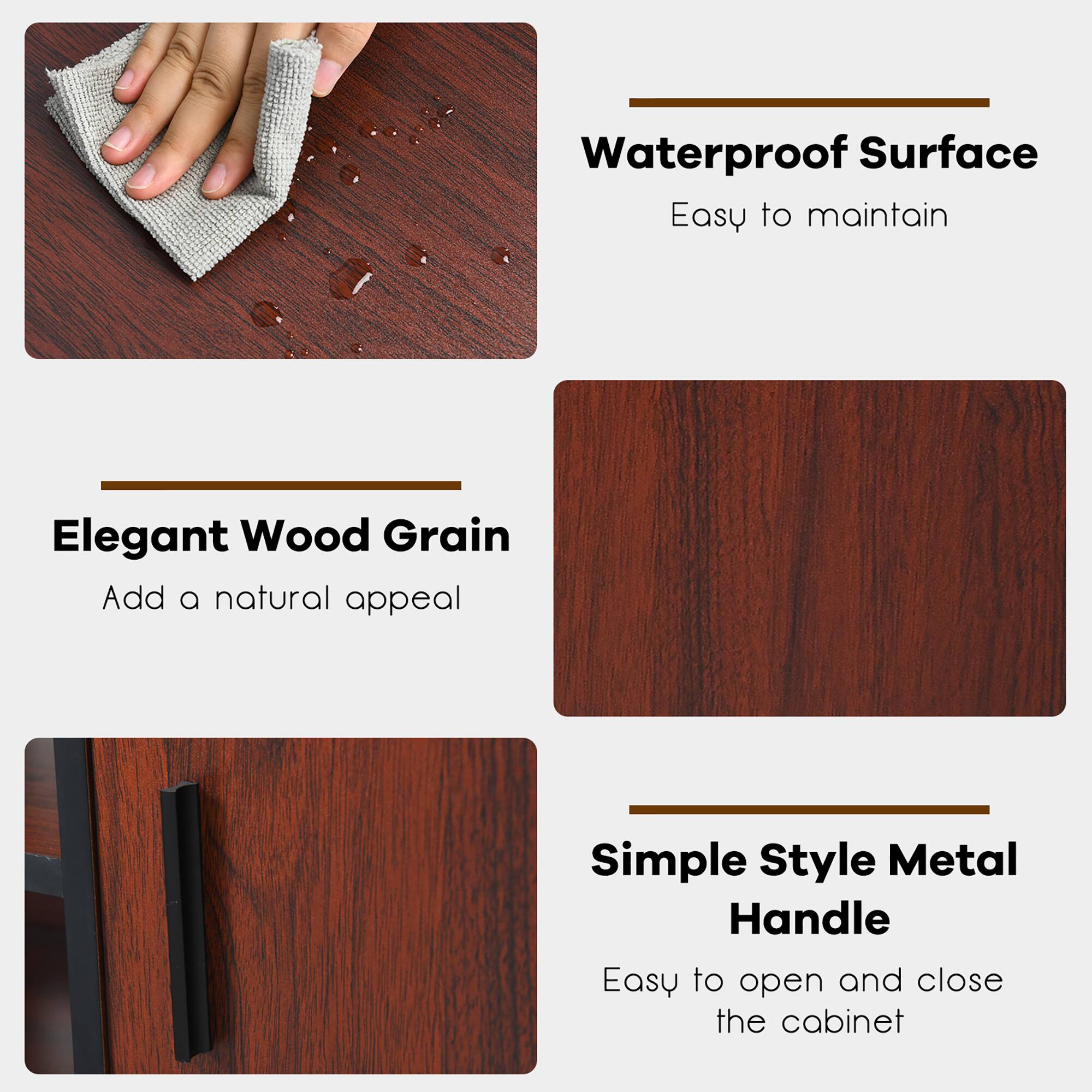 The text on the image is already grouped and correctly written. It reads:

Waterproof Surface Easy to maintain Elegant Wood Grain Add a natural appeal Simple Style Metal Handle Easy to open and close the cabinet