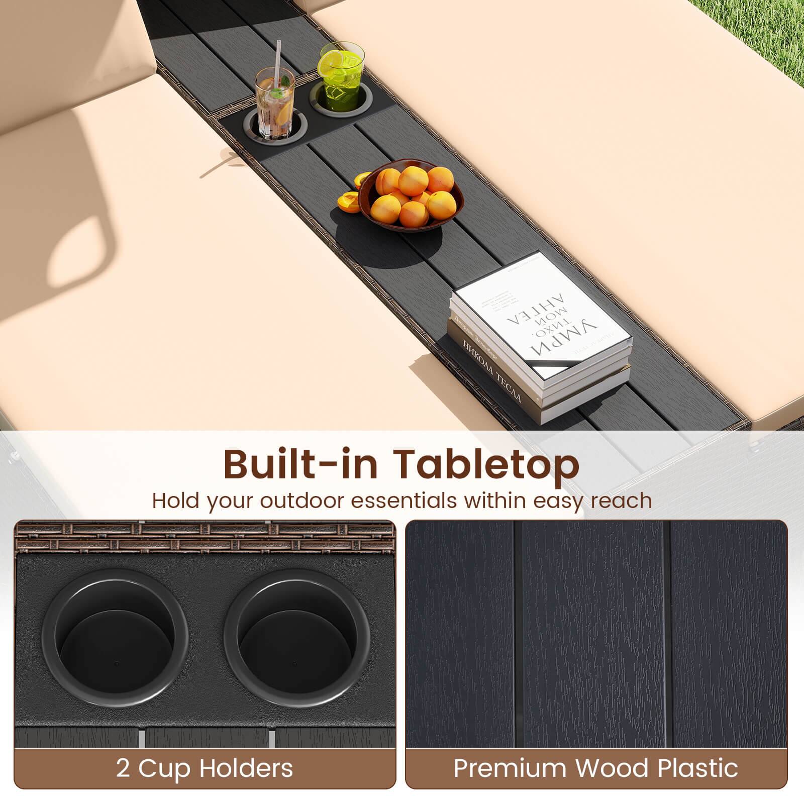 Built-in Tabletop  
Hold your outdoor essentials within easy reach  

2 Cup Holders  
Premium Wood Plastic