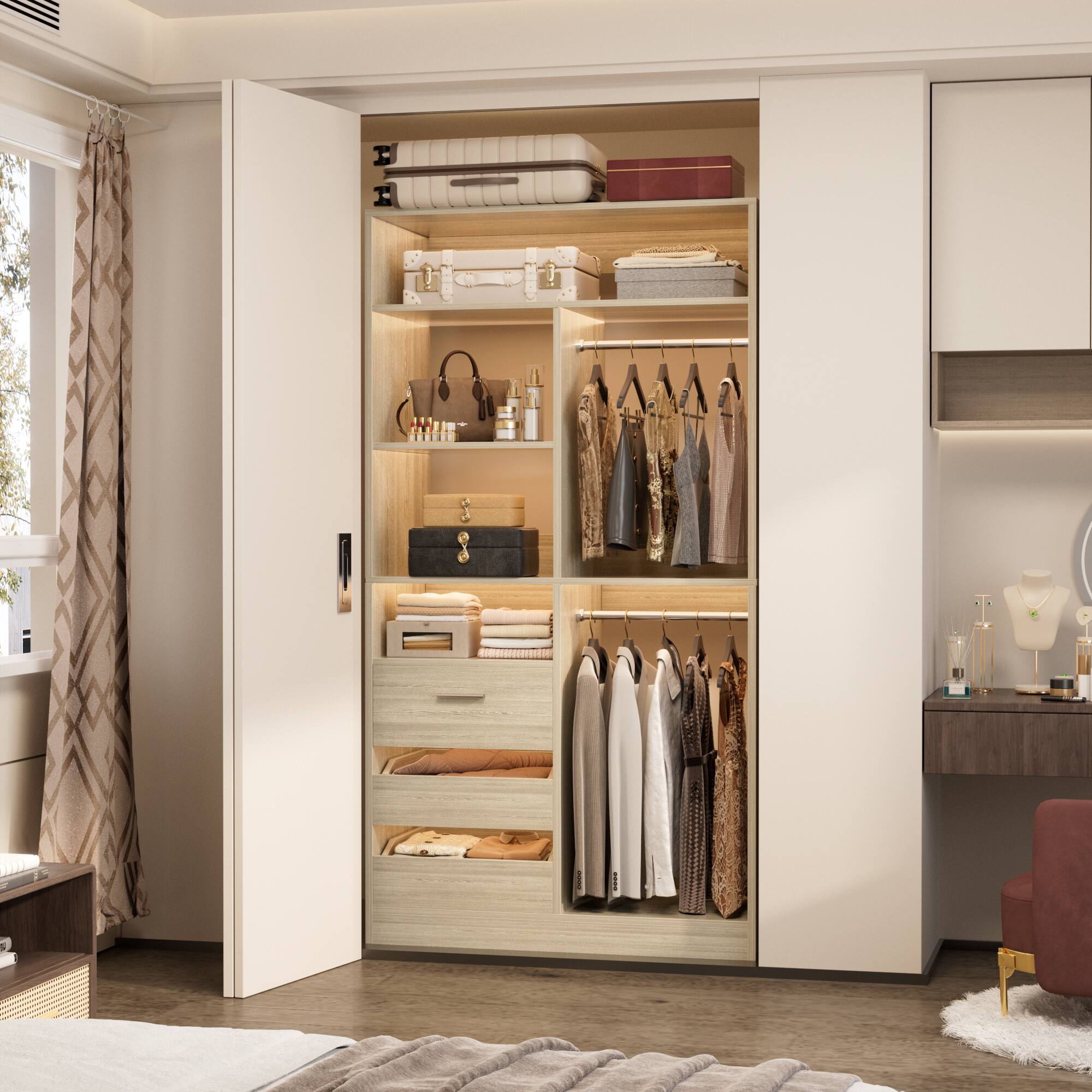 Angle. Aheaplus - 36" Wood Modular Walk-in Freestanding Closet Organizer: Closed/Half-Open Drawers, 6 Shelves (36" L x 15" W x 80" H) - White Oak.