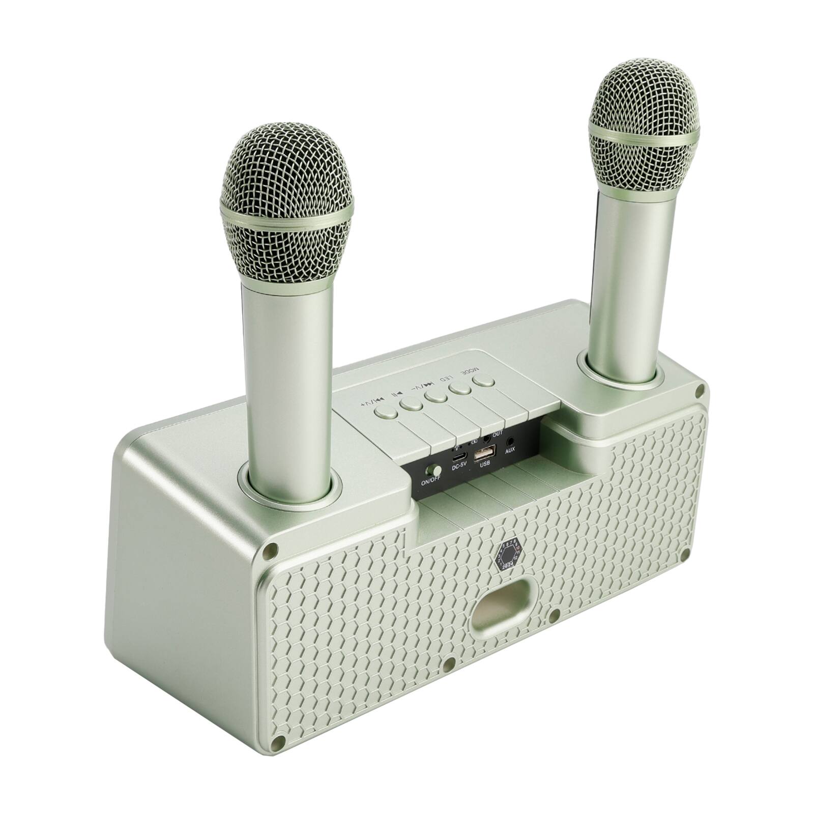 The text on the image is:

- "ON/OFF"
- "MIC"
- "AUX"
- "USB"
- "PC-AV"
- "ON/OFF"