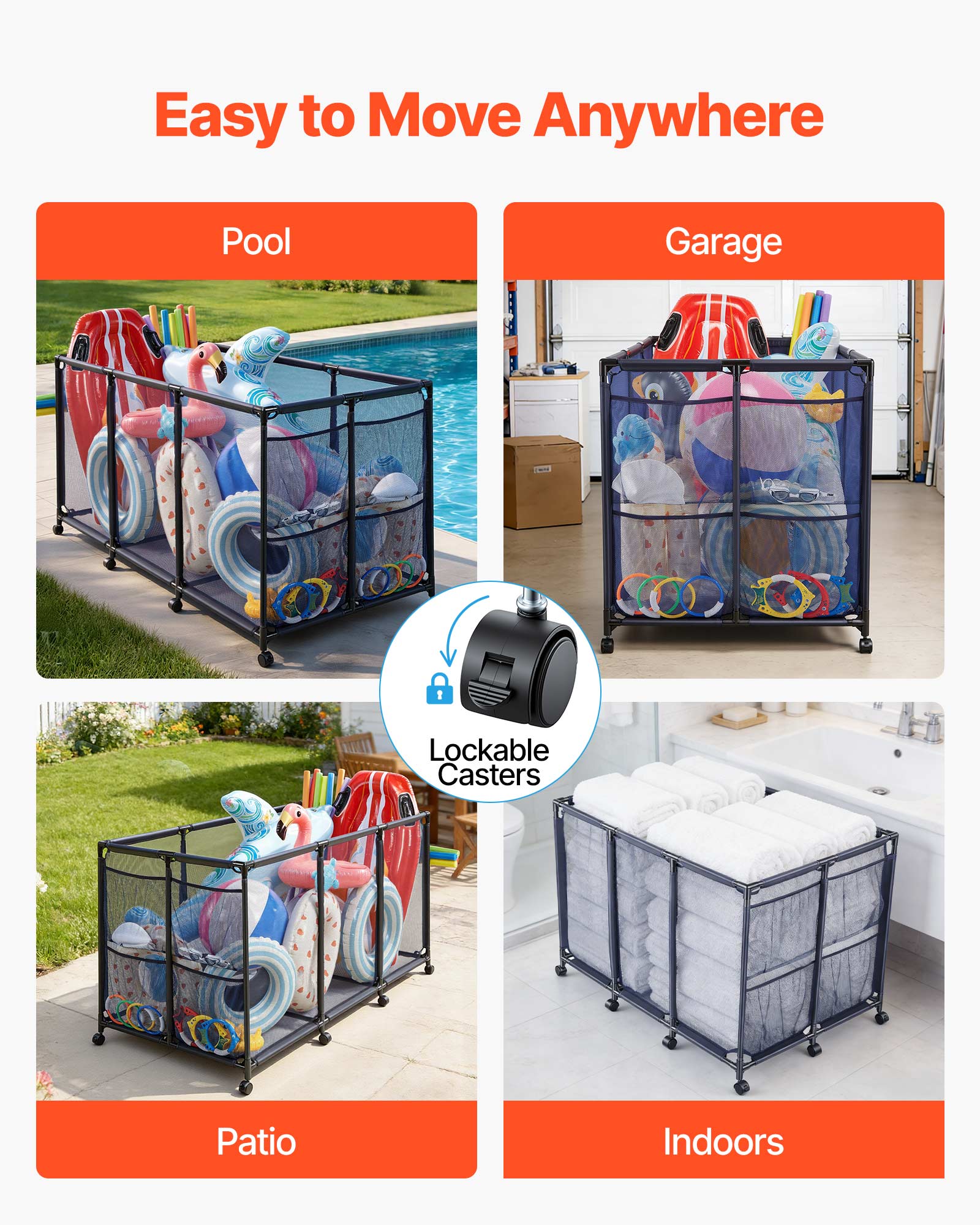 Easy to Move Anywhere

Pool  
Garage  
Patio  
Indoors  

Lockable Casters