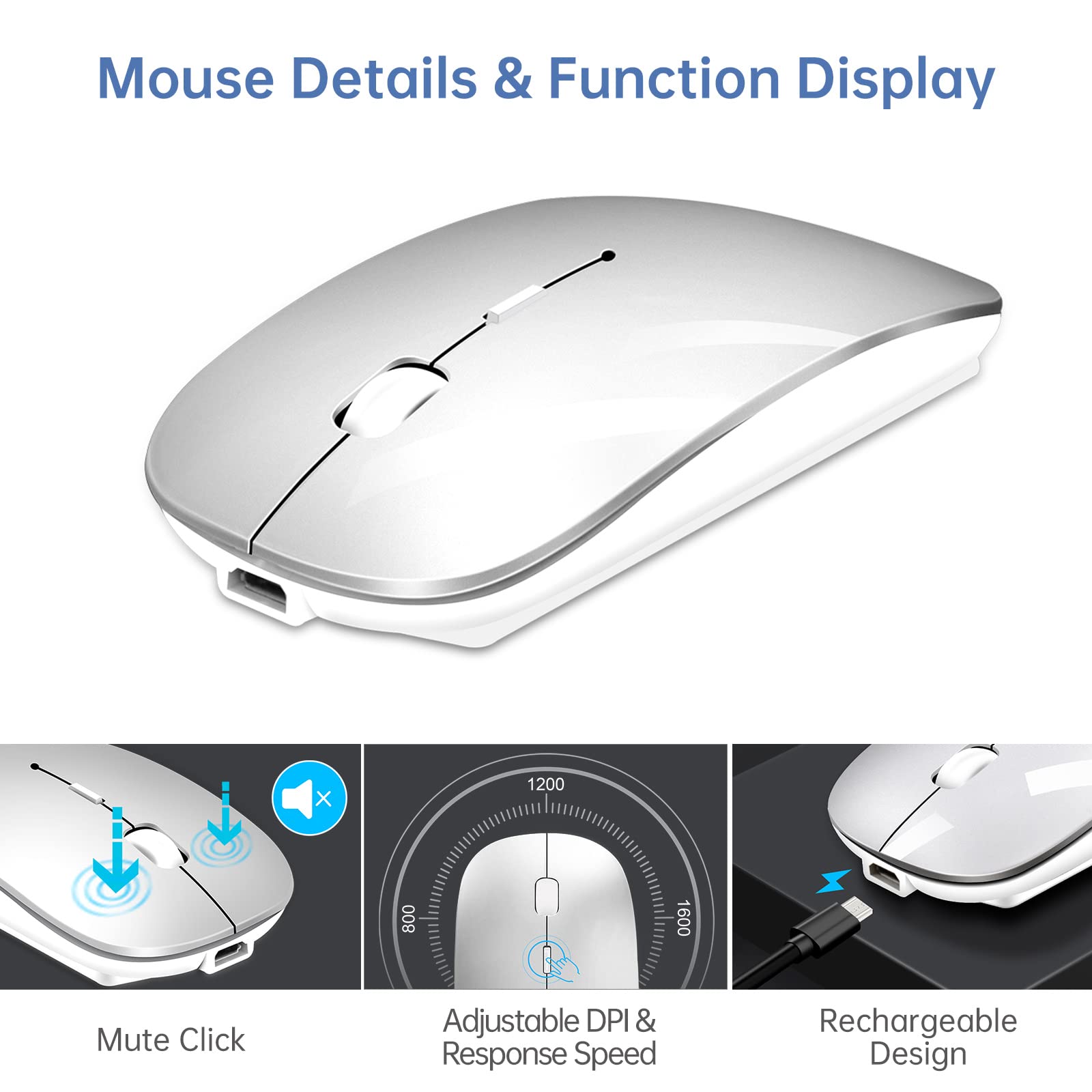 Mouse Details & Function Display

- Mute Click
- Adjustable DPI & Response Speed
- Rechargeable Design