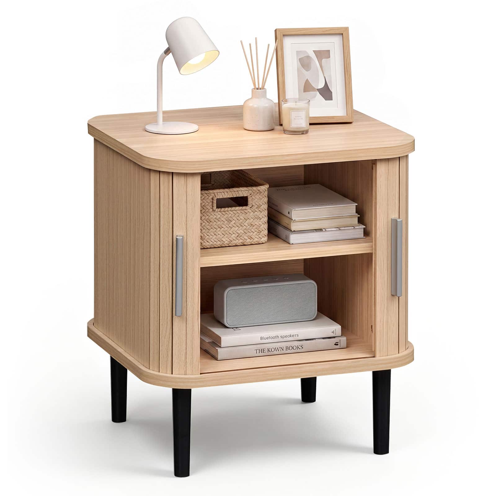 Costway - 1 PCS Fluted Nightstand with Sliding Doors, Adjustable Shelf for Living Room, Bedroom - Natural