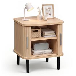 Costway - 1 PCS Fluted Nightstand with Sliding Doors, Adjustable Shelf for Living Room, Bedroom - Natural