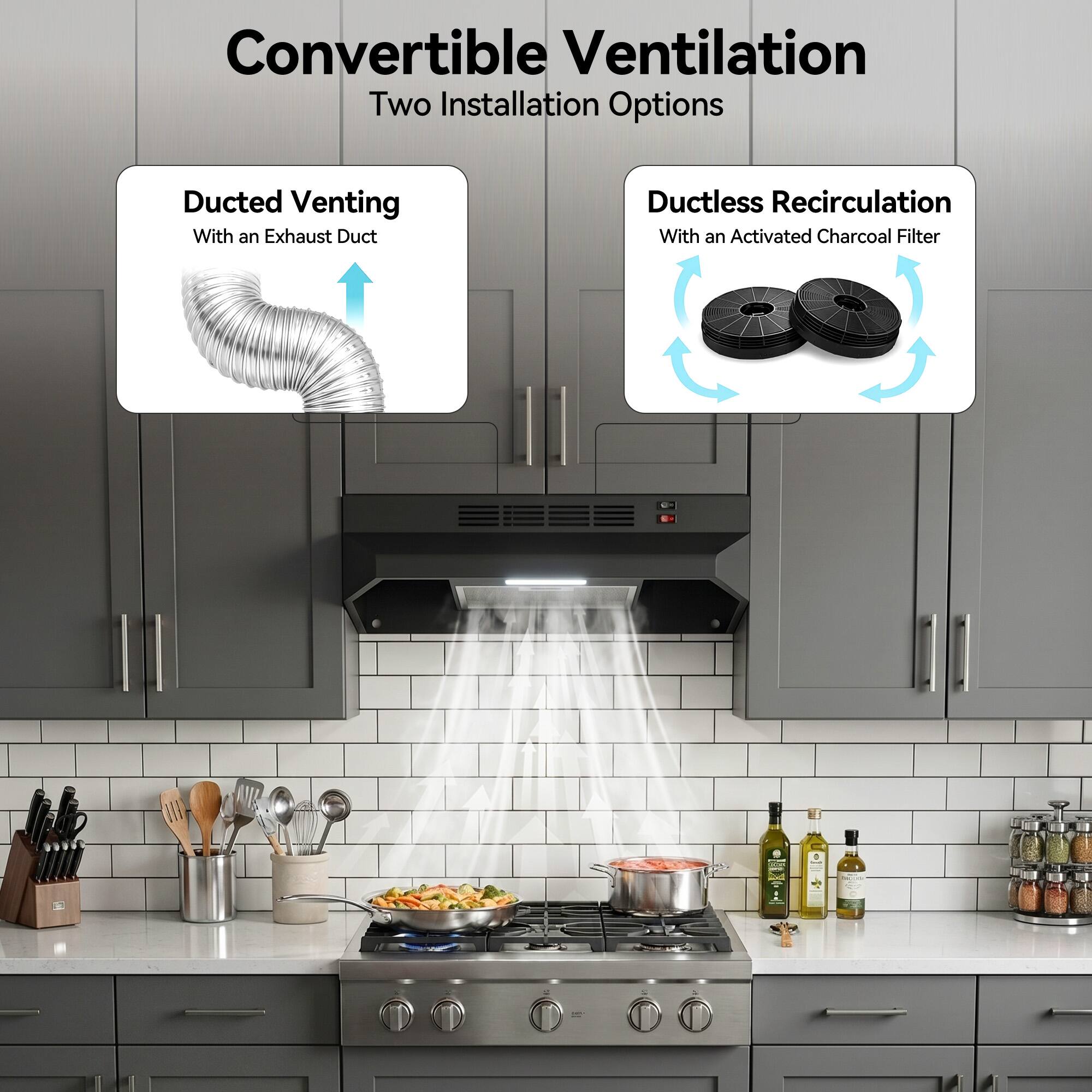 Convertible Ventilation  
Two Installation Options

- Ducted Venting  
  With an Exhaust Duct

- Ductless Recirculation  
  With an Activated Charcoal Filter