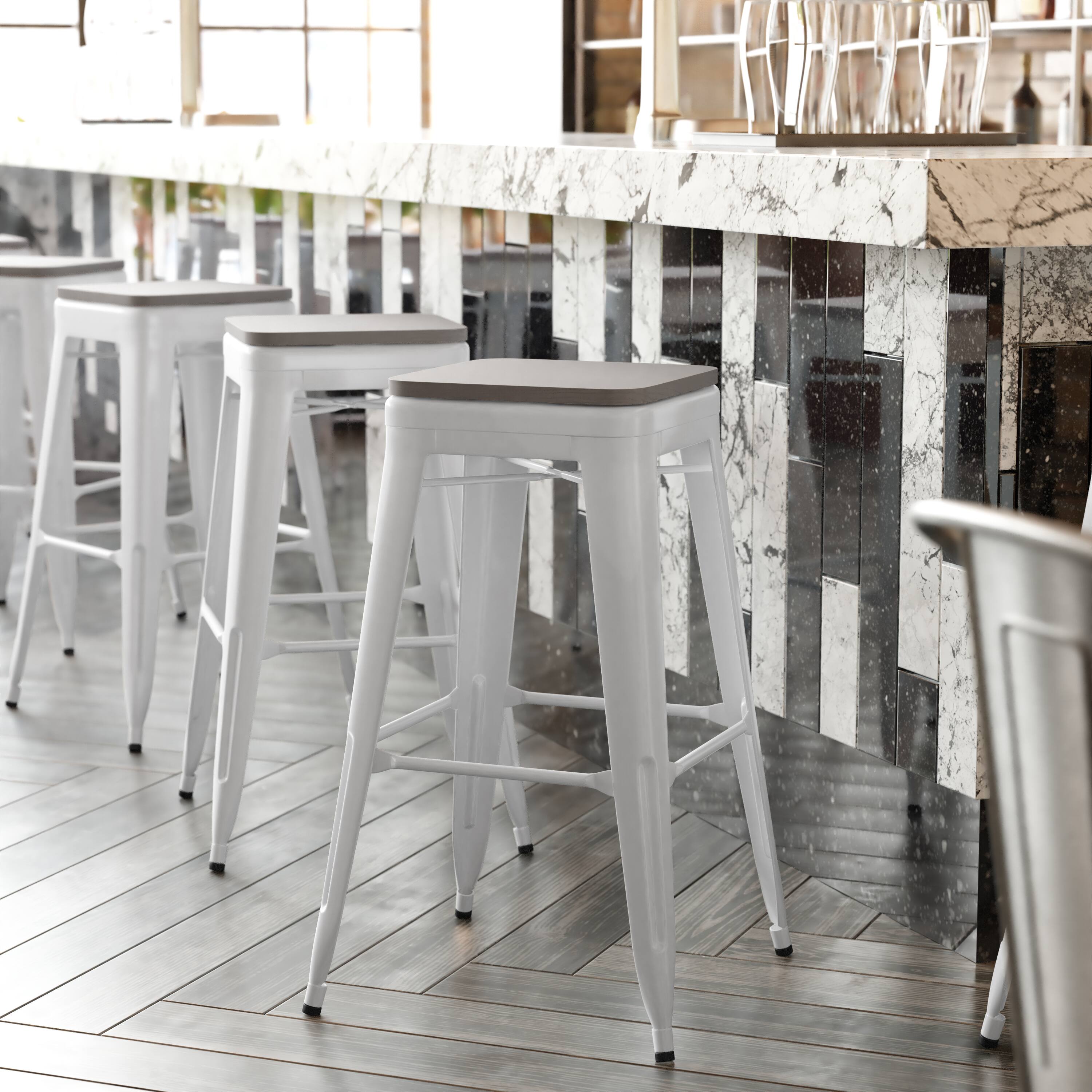 Alt View 1. Emma + Oliver - Kam Backless Metal Indoor-Outdoor Stool with All-Weather Polystyrene Seat - Gray Seat/White Frame.
