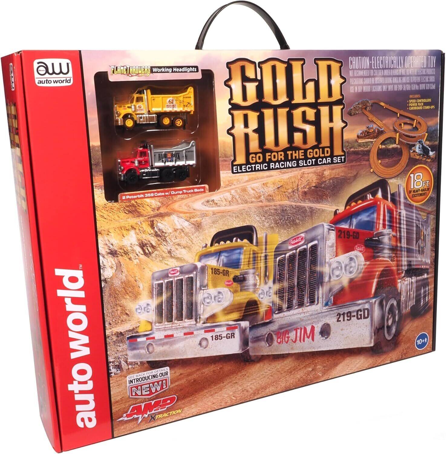 auto world  
CAUTION - ELECTRICALLY OPERATED TOY  
GOLD RUSH  
GO FOR THE GOLD  
ELECTRIC RACING SLOT CAR SET  
Working Headlights  
18 FT TRACK  
219-GD  
BIG JIM  
185-GR  
2 Peterbilt 359 Cab/ Dump Truck Bodies  
10+  
INTRODUCING OUR NEW!  
AMP TRACTION
