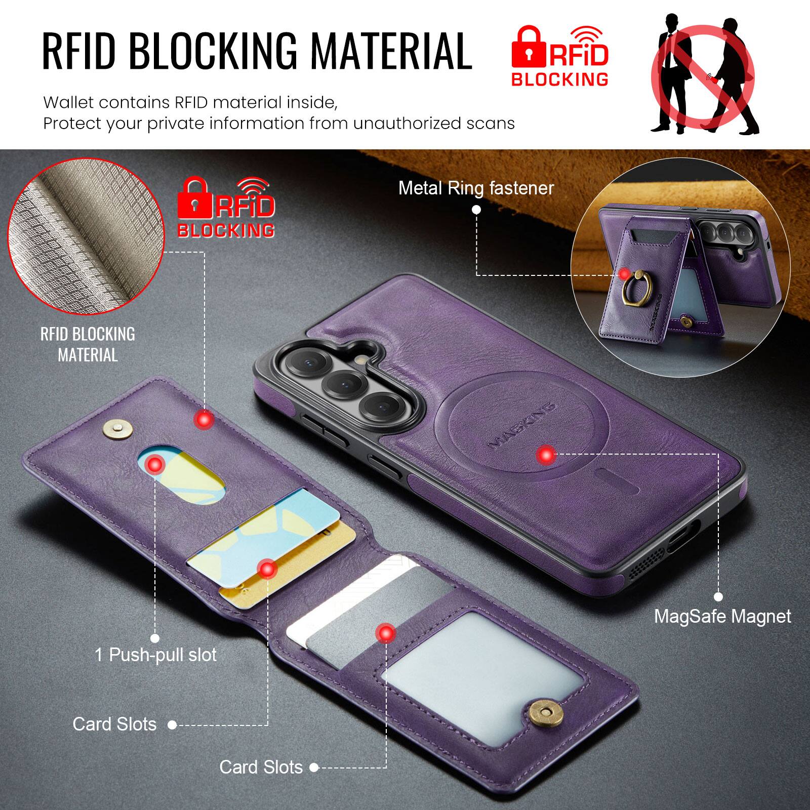 RFID BLOCKING MATERIAL

Wallet contains RFID material inside, Protect your private information from unauthorized scans

RFID BLOCKING MATERIAL

RFID BLOCKING

Metal Ring fastener

1 Push-pull slot

Card Slots

Card Slots

MagSafe Magnet