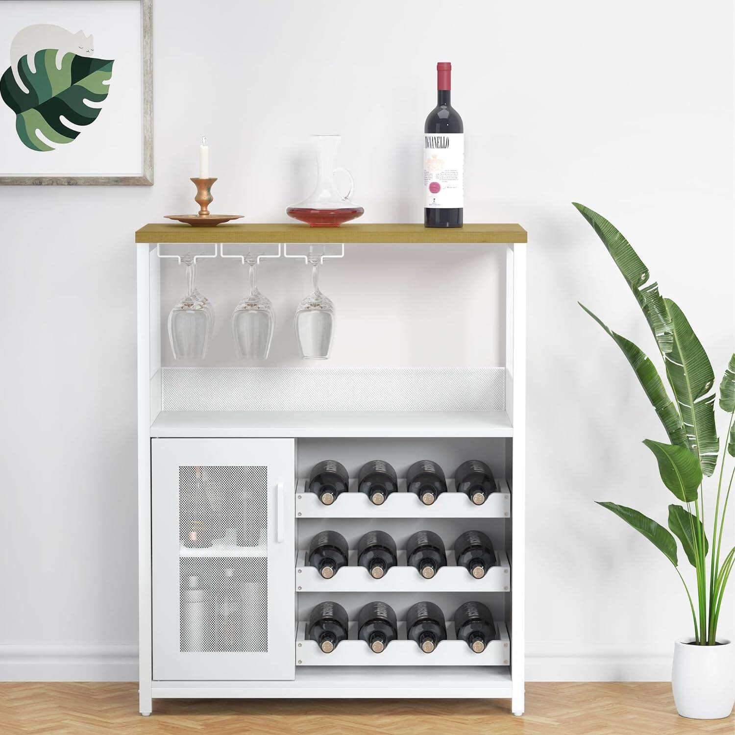 Front. Homhougo - White Wine Bar Rack Cabinet with Detachable Wine Rack, Industrial Coffee Bar, Farmhouse Sideboard Cabinet - White.