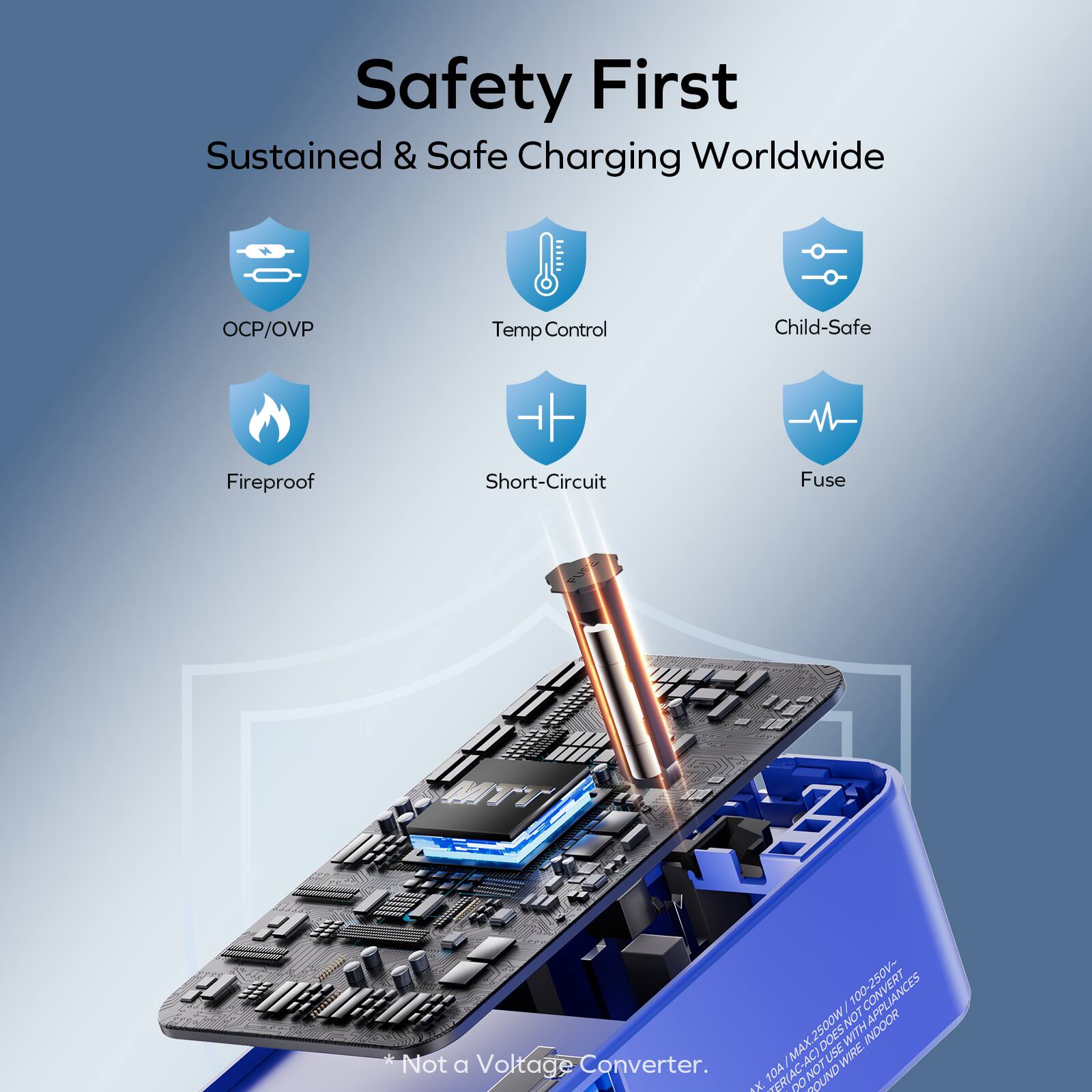 Safety First  
Sustained & Safe Charging Worldwide  
OCP/OVP  
Temp Control  
Child-Safe  
Fireproof  
Short-Circuit  
Fuse  

MTT 3 / CONVERT 2500W  
DOES NOT INDOOR  
Not Converter.  
MAX AC) WIRE a Voltage TO4  
TERVAC 00 OUND
