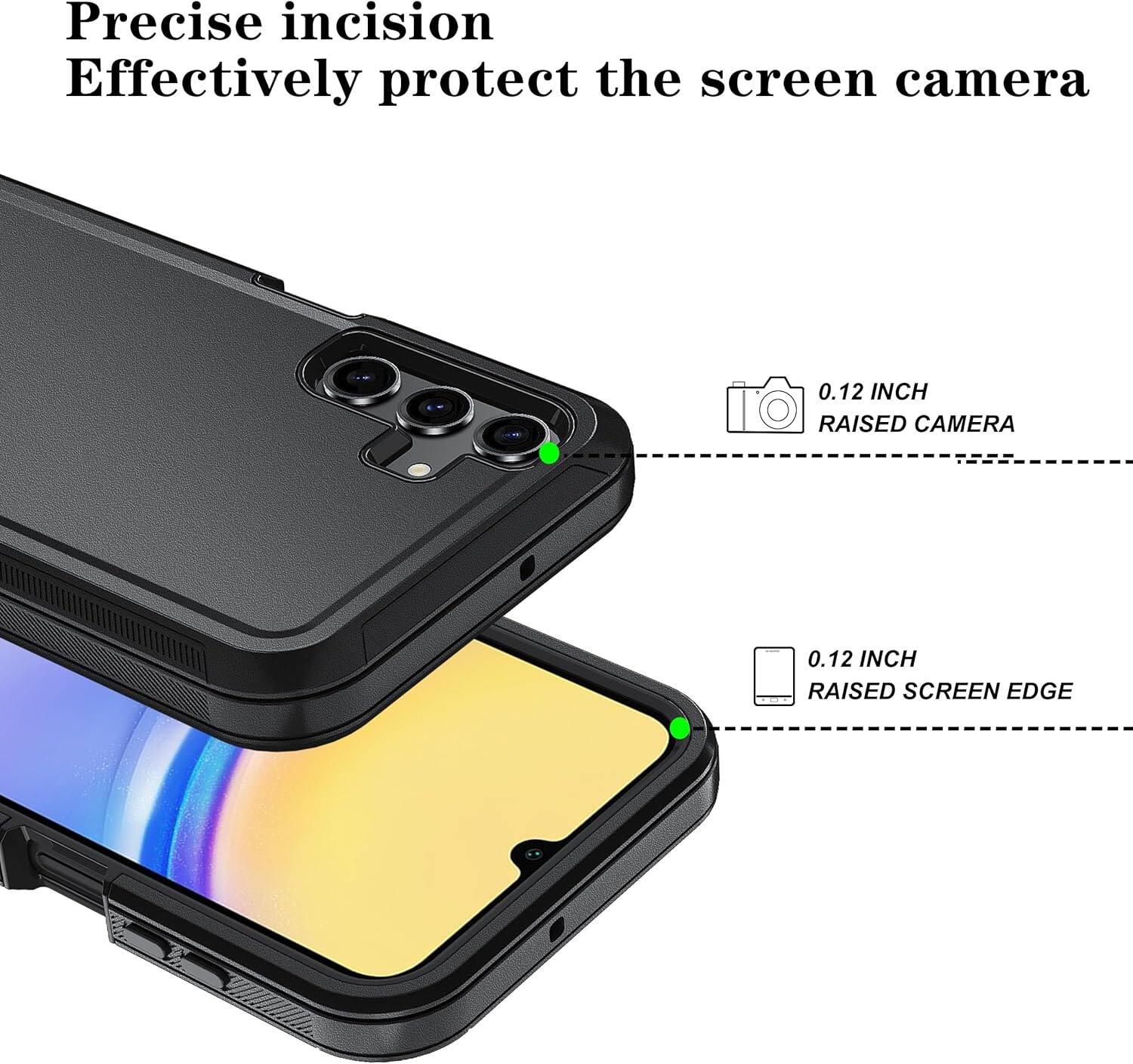Precise incision, Effectively protect the screen camera, 0.12 INCH RAISED CAMERA, 0.12 INCH RAISED SCREEN EDGE