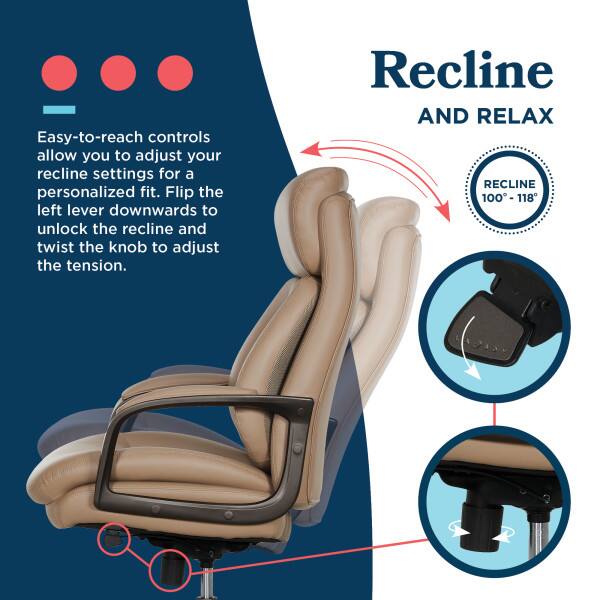 Easy-to-reach controls allow you to adjust your recline settings for a personalized fit. Flip the left lever downwards to unlock the recline and twist the knob to adjust the tension.

Recline and Relax  
Recline 100° - 118°