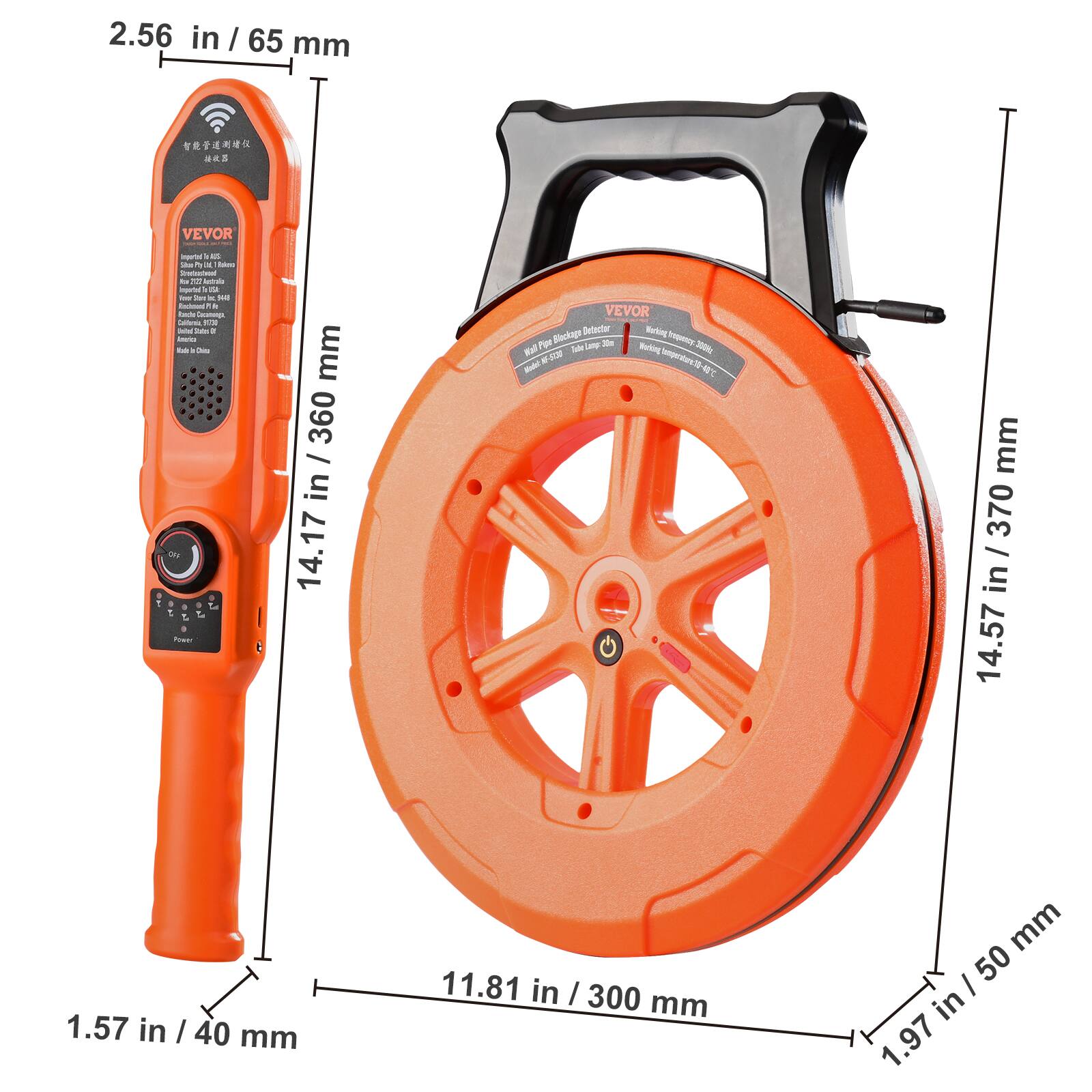 2.56 in / 65 mm  
14.17 in / 360 mm  
1.57 in / 40 mm  
11.81 in / 300 mm  
14.57 in / 370 mm  
1.97 in / 50 mm  

VEVOR  
Blackguard Detector  
Model: VGD-360  
Working Frequency: 40 kHz  
Take Length: 300 mm  
Working Temperature: -10°C to 40°C  

VEVOR  
Model: VGD-360
