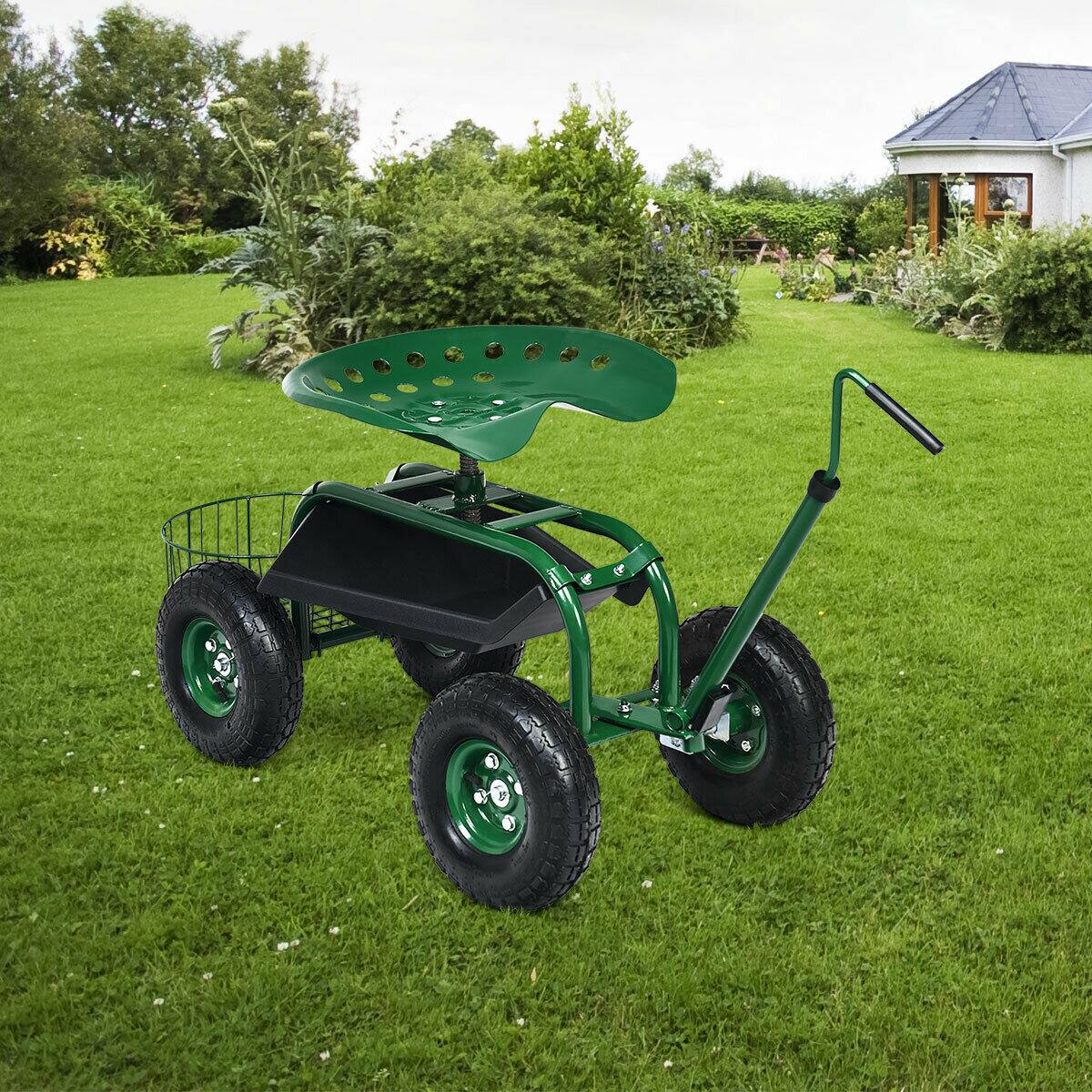 Alt View 4. SKONYON - Heavy Duty Garden Cart with Adjustable Handle Large Wheels and High Load Capacity - Green.