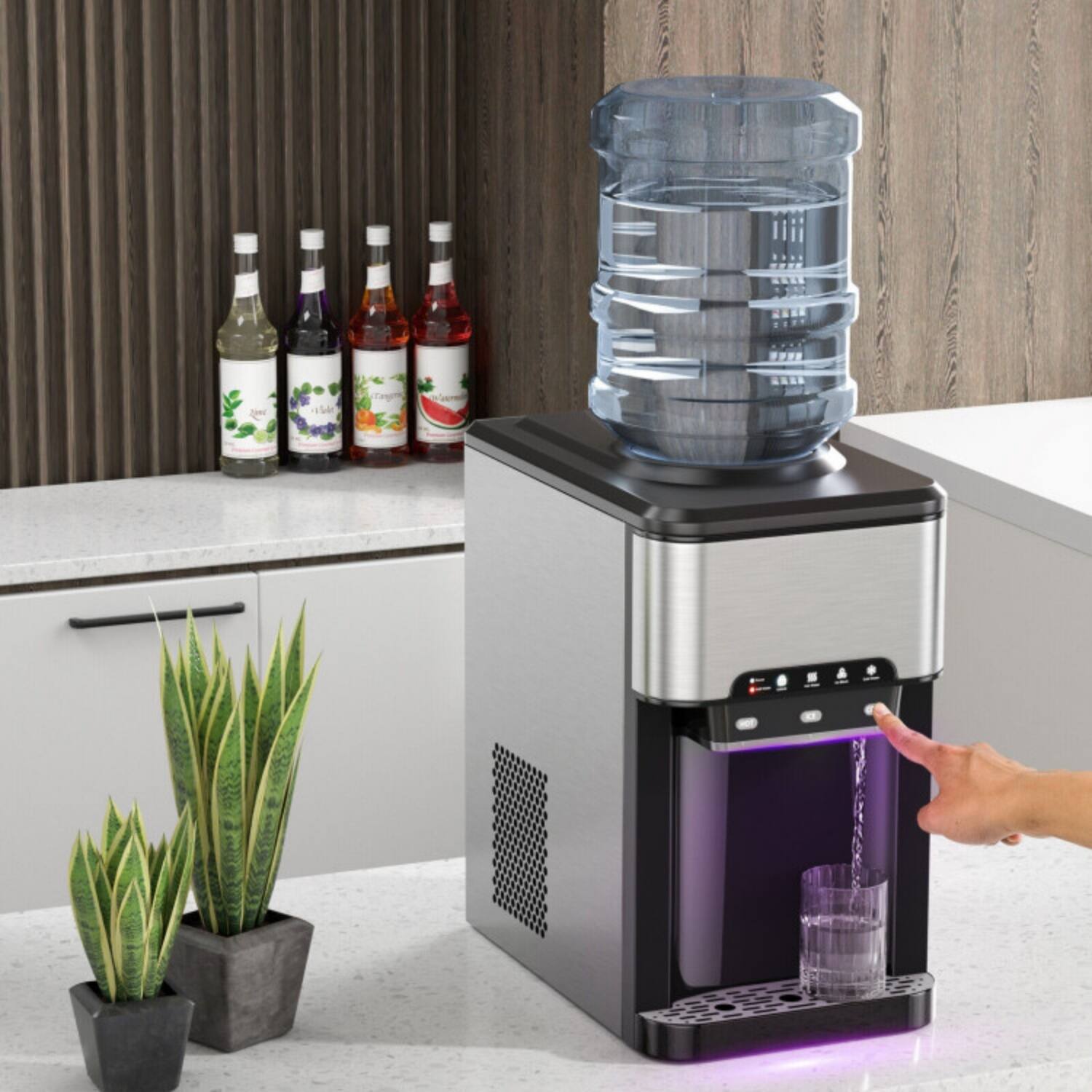 Angle. LUCKY ONE - 3-in-1 Water Cooler Dispenser with Built-in Ice Maker - Hot Cold & Ice Cube - Countertop - Silver, black.