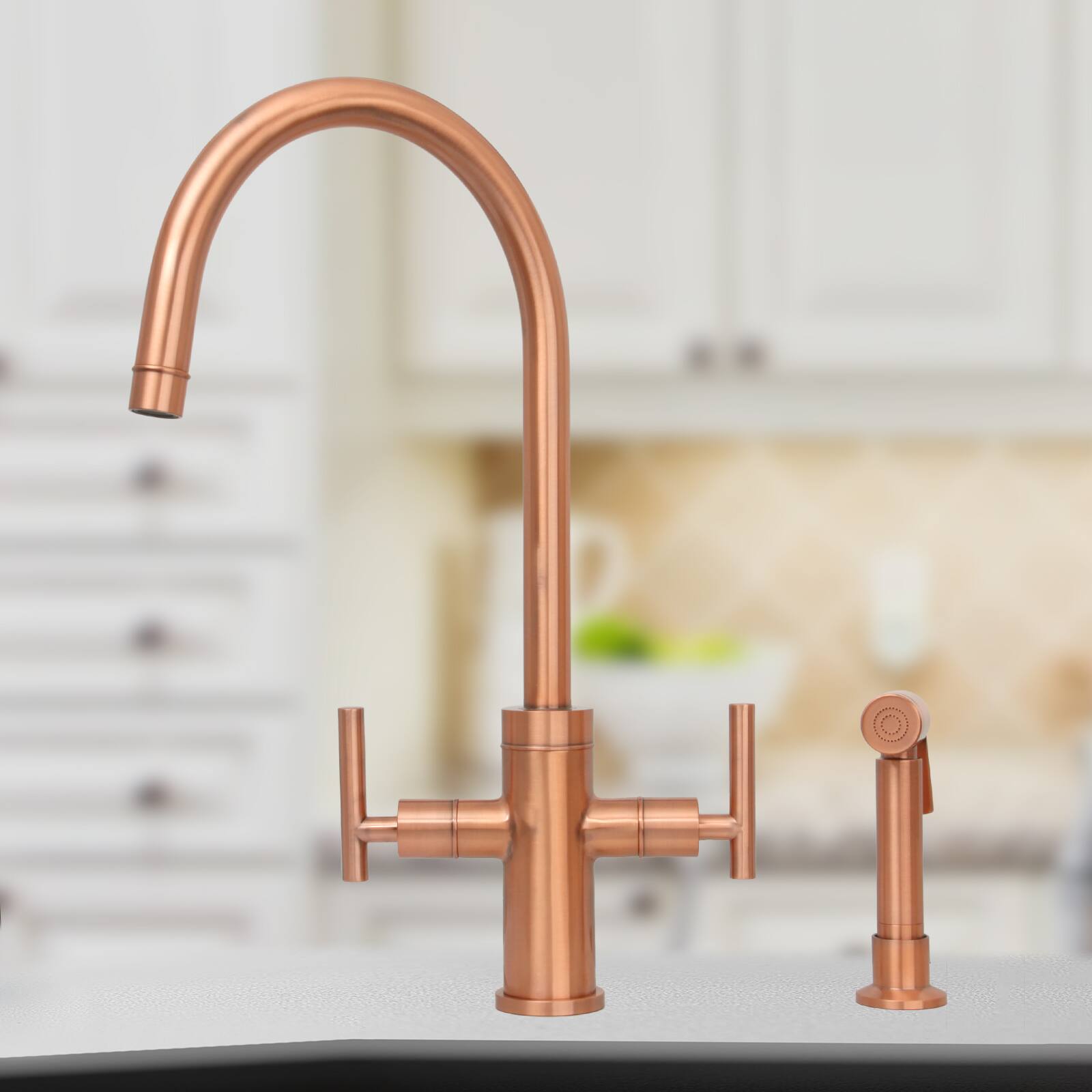 Alt View 8. Akicon - Akicon Two-Handles 360° Swivel Widespread Kitchen Faucet with Side Sprayer in Copper - Copper.