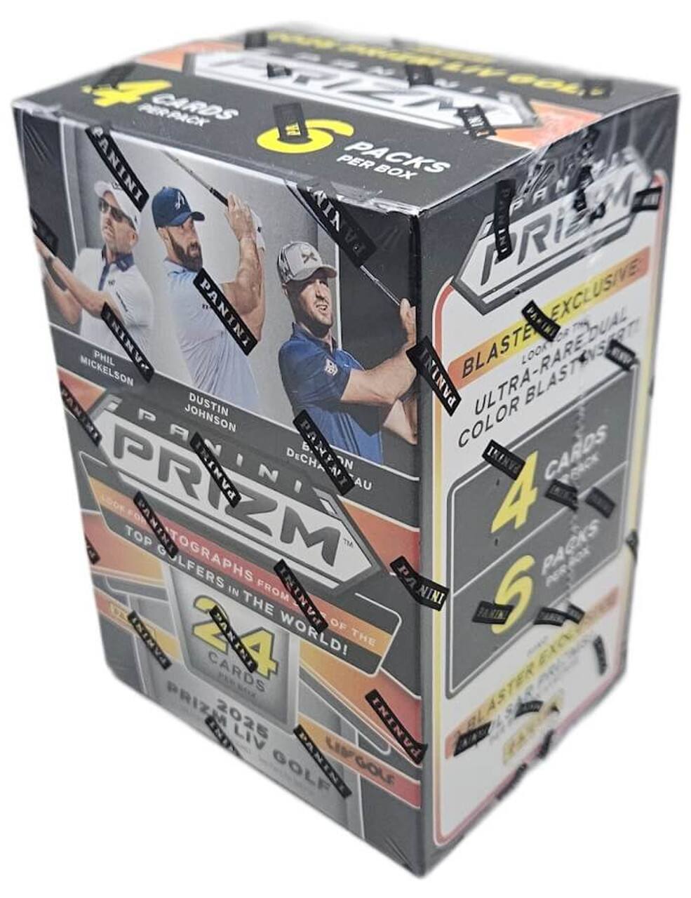 Sure, here is the corrected and grouped text from the image:

**Front:**
- 4 CARDS PER PACK
- 6 PACKS PER BOX
- PANINI
- PRIZM
- BLASTER EXCLUSIVE
- ULTRA-RARE COLOR BLASTS
- TOP GOLFER AUTOGRAPHS FROM THE WORLD OF GOLF
- 24 CARDS
- 2025 PANINI PRIZM LIV GOLF

**Side:**
- PHIL MICKELSON
- DUSTIN JOHNSON
- BERNIE DECHAMBEAU
- BRYSON DECHAMBEAU
- 4 CARDS PER PACK
- 6 PACKS PER BOX

**Back:**
- BLASTER EXCLUSIVE
- ULTRA-RARE COLOR BLASTS
- 4 CARDS PER PACK
- 6 PACKS PER BOX
- PANINI