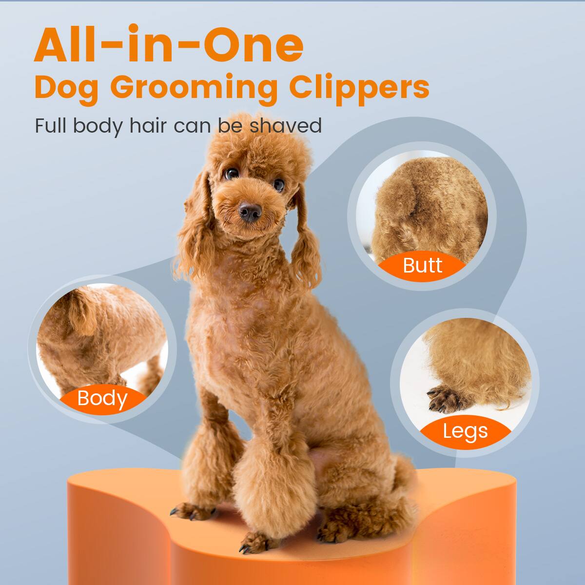 All-in-One Dog Grooming Clippers

Full body hair can be shaved

- Butt
- Body
- Legs