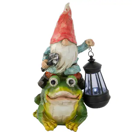 Front. Northlight - LED Solar Lighted Gnome and Frog Outdoor Garden Statue - 12.5" - Green.