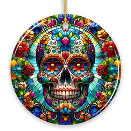OrnamentallyYou - Sugar Skull Stained Glass Themed Ceramic Ornament Day of the Dead Mexican Christmas Gift - Multi-colored