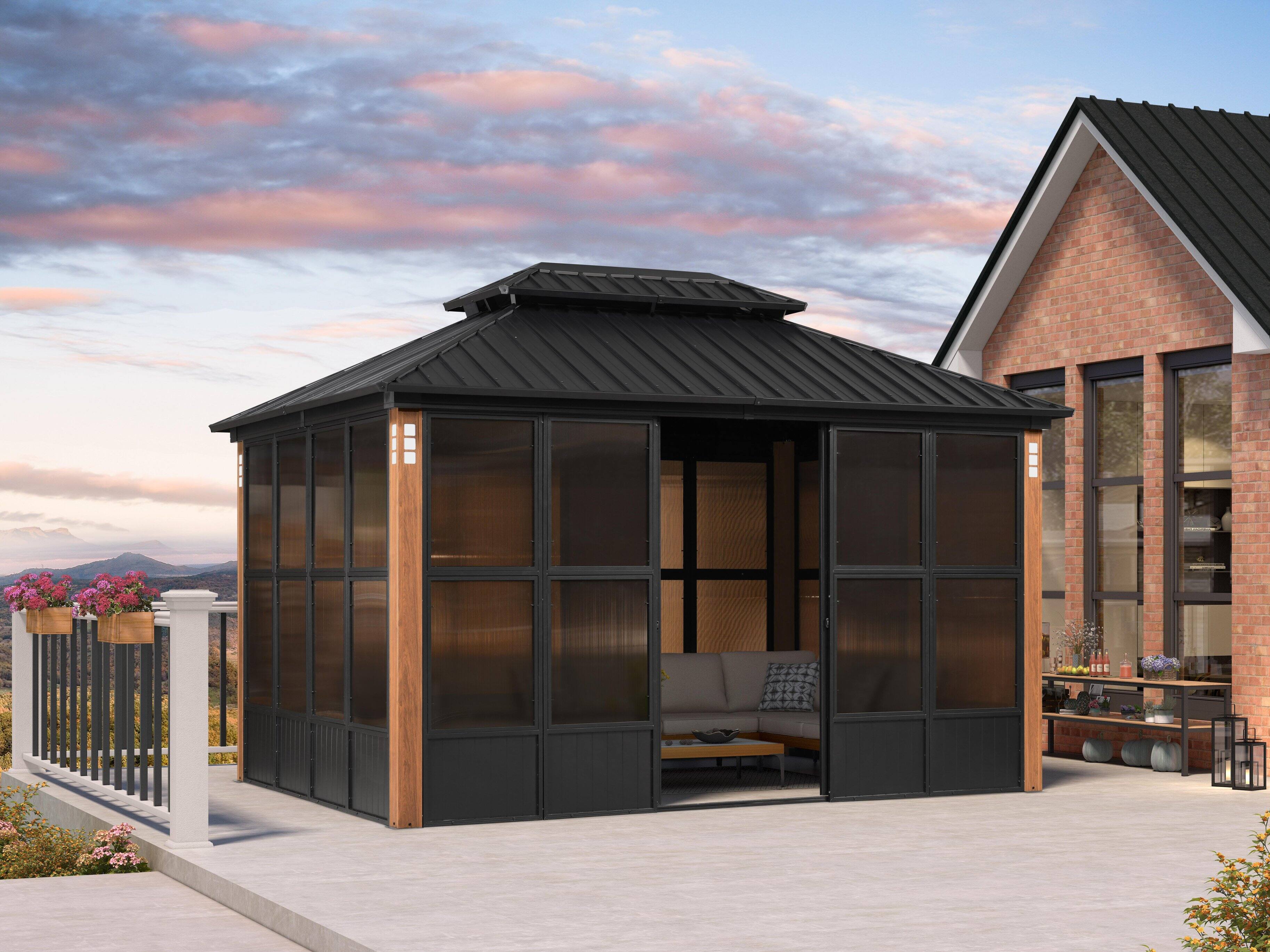PURPLE LEAF - Sunroom Hardtop Gazebo Solarium Wood Grain Galvanized Steel Double Roof All-Weather Aluminum Outdoor Screen House - 10' X 13' price history on PriceWatchPro