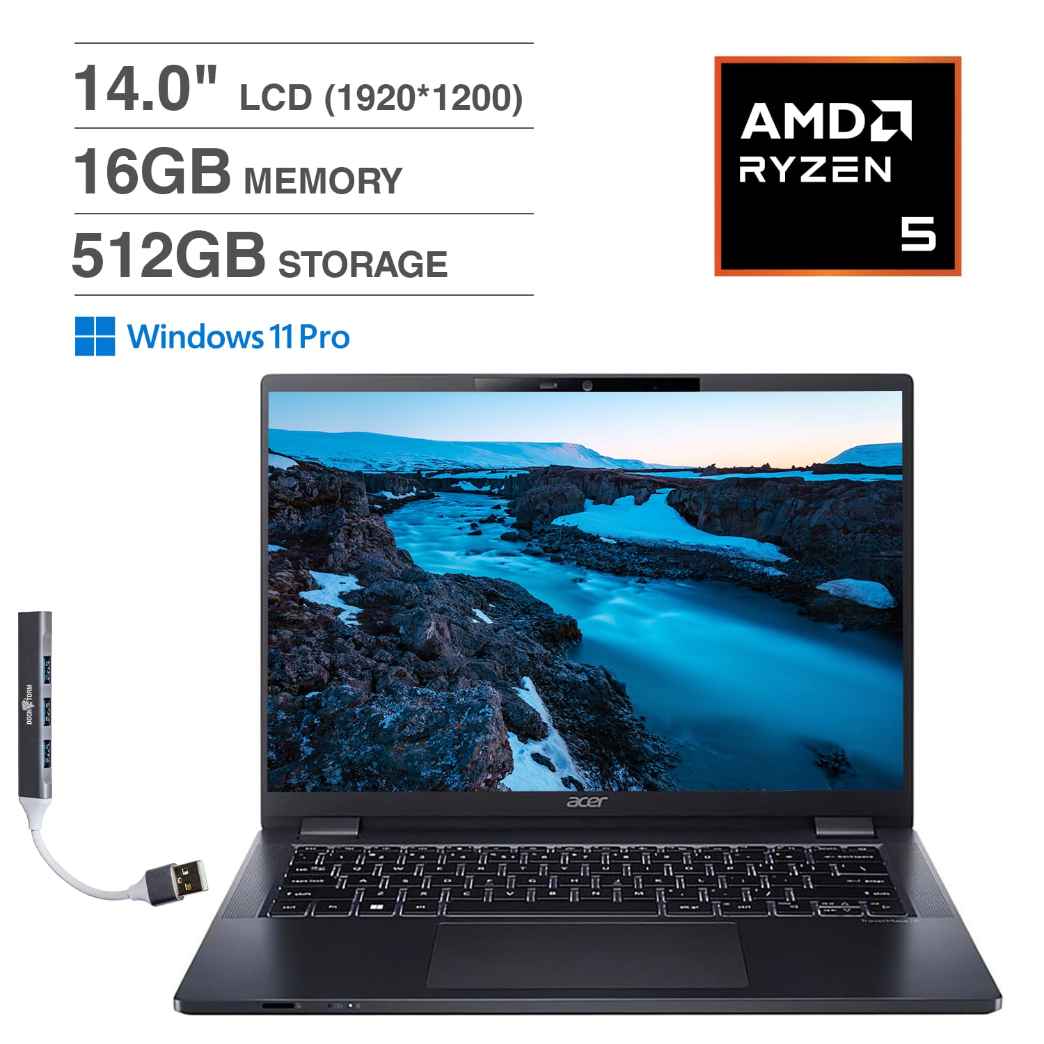 Acer - TravelMate P4 Laptop 14.0 WUXGA (AMD Ryzen 5 PRO 6650U, 16GB DDR5, 512GB SSD, Win 11 Pro) w/USB Hub - Blue