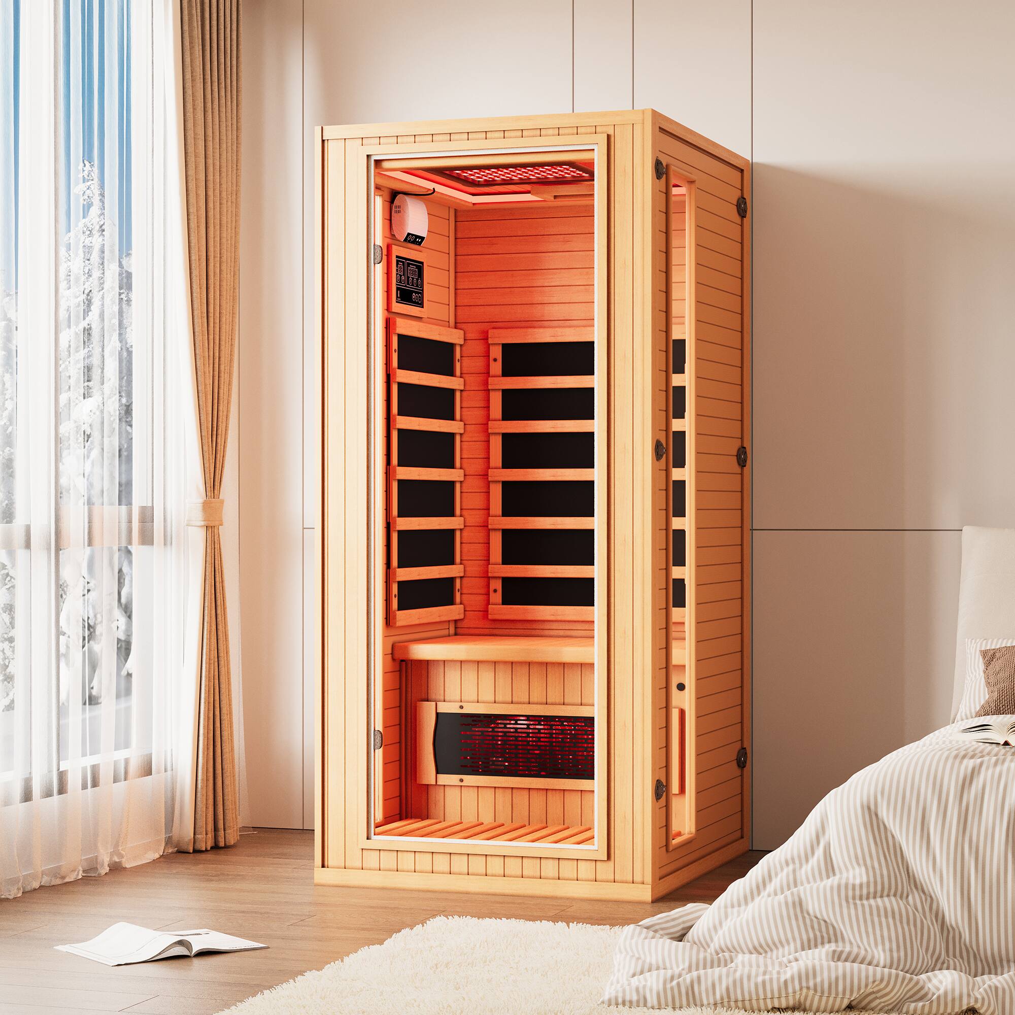 Alt View 7. U-HOMY - 1-Person Hemlock Infrared Sauna with Red Light Therapy, Tempered Glass Door & Bluetooth - Wood.