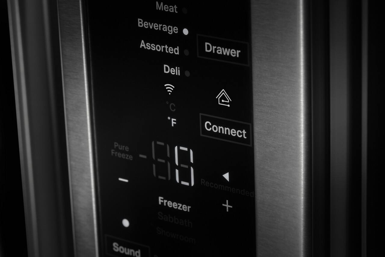 The text on the image can be grouped and corrected as follows:

1. Meat: Meat
2. Beverage: Beverage
3. Assorted Drawer: Assorted Drawer
4. Deli: Deli
5. C: C
6. F: F
7. Connect: Connect
8. Pure Freeze: Pure Freeze
9. Recommended Freezer: Recommended Freezer
10. Sabbath Showroom: Sabbath Showroom
11. Sound: Sound