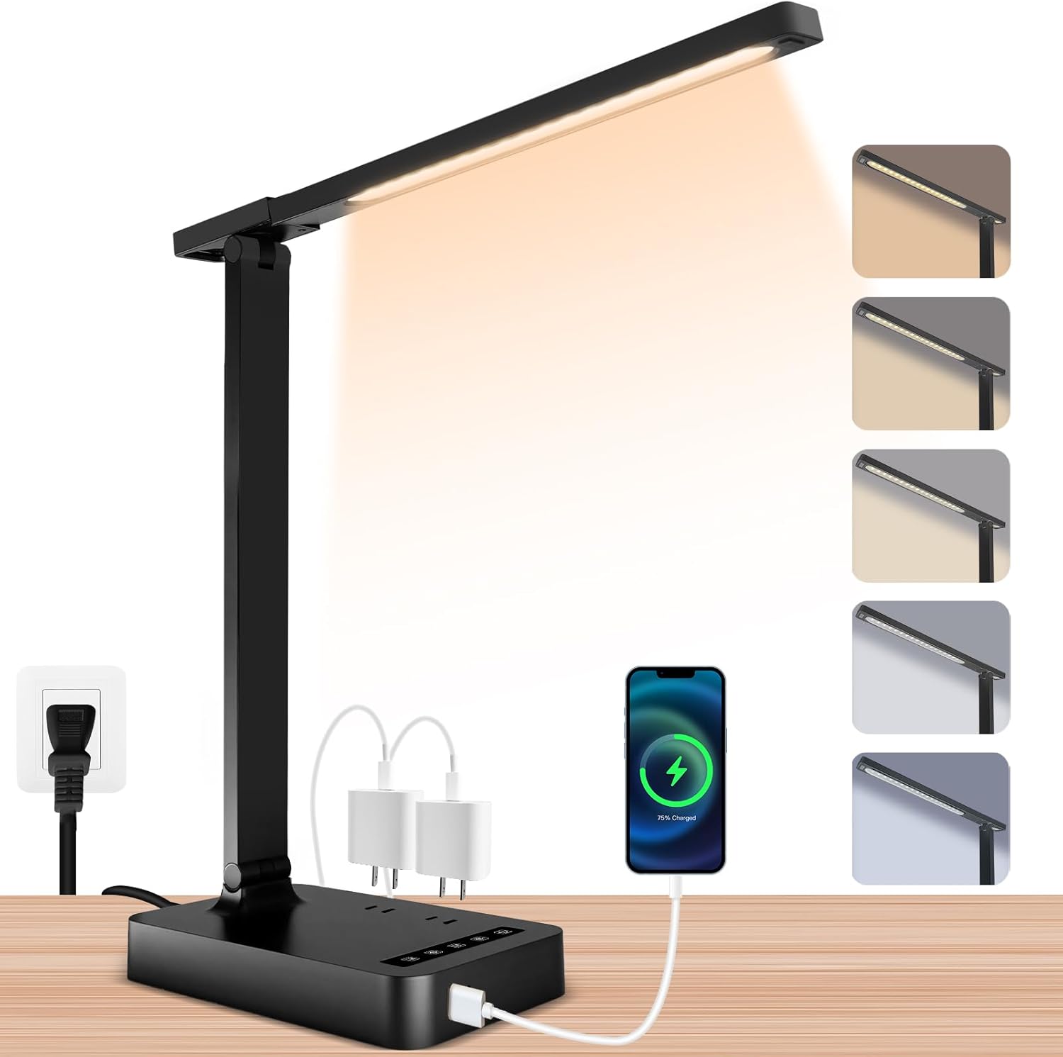 Alt View 5. Stamp n Camp - Desk Lamp with Wireless Charger，USB Charging Port Dimmable Office Desk Light with Clock Alarm Date Temperature... - Black-Standard Size-13.3 inch.