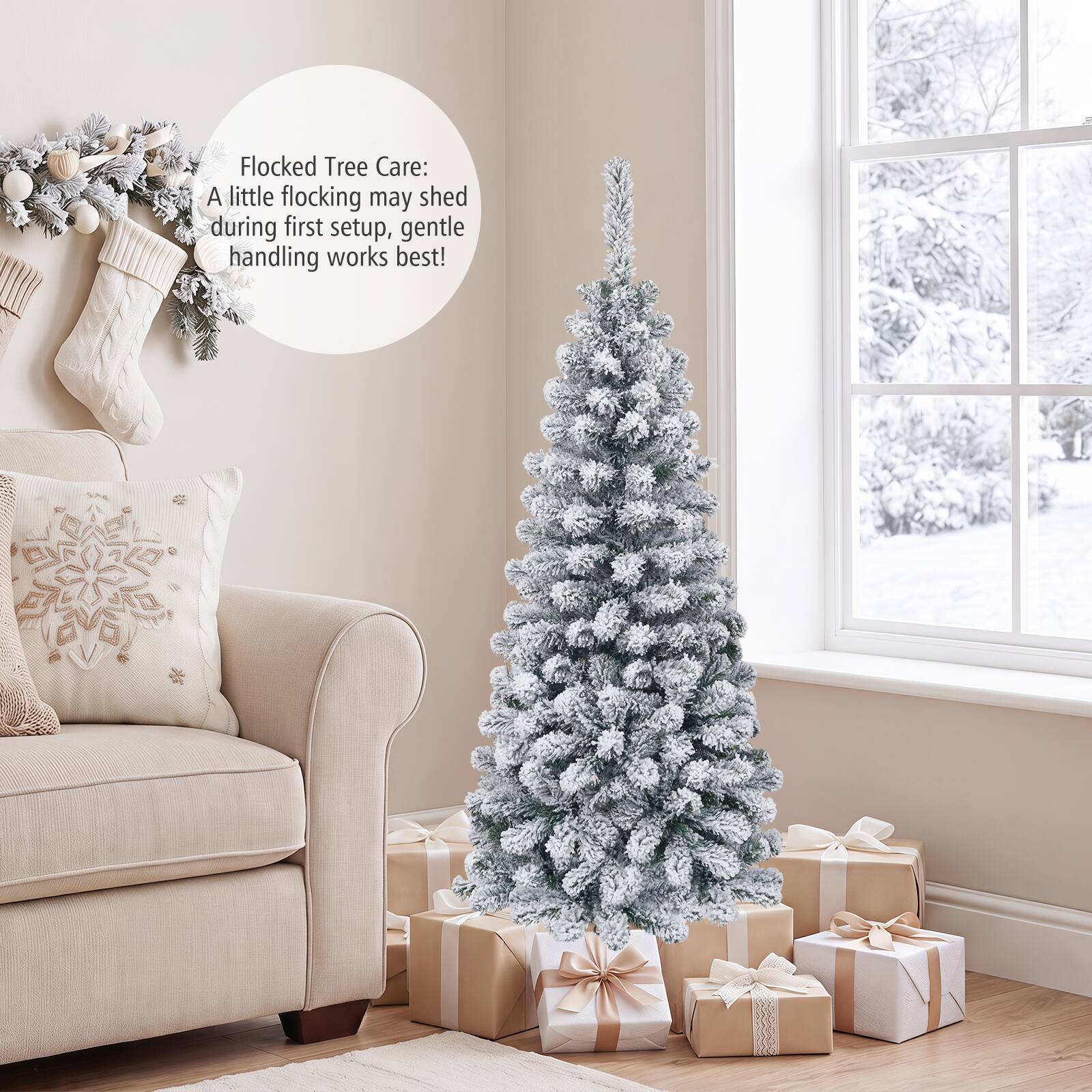 Flocked Tree Care: A little flocking may shed during first setup, gentle handling works best!