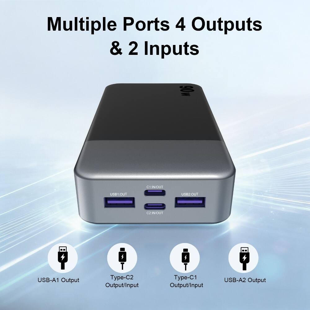 Multiple Ports 4 Outputs & 2 Inputs

90w

C1: IN/OUT
USB1: OUT
USB2: OUT
C2: IN/OUT

USB-A1 Output
Type-C2 Output/Input
Type-C1 Output/Input
USB-A2 Output