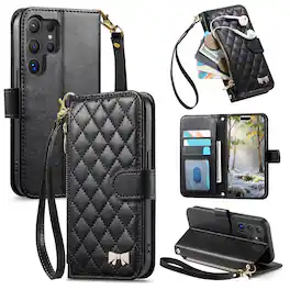 Dteck - Zipper Wallet Case for Samsung Galaxy S25 Ultra,PU Leather Flip Cover with Wrist Strap,Magnetic Snap Shockproof Case - Black