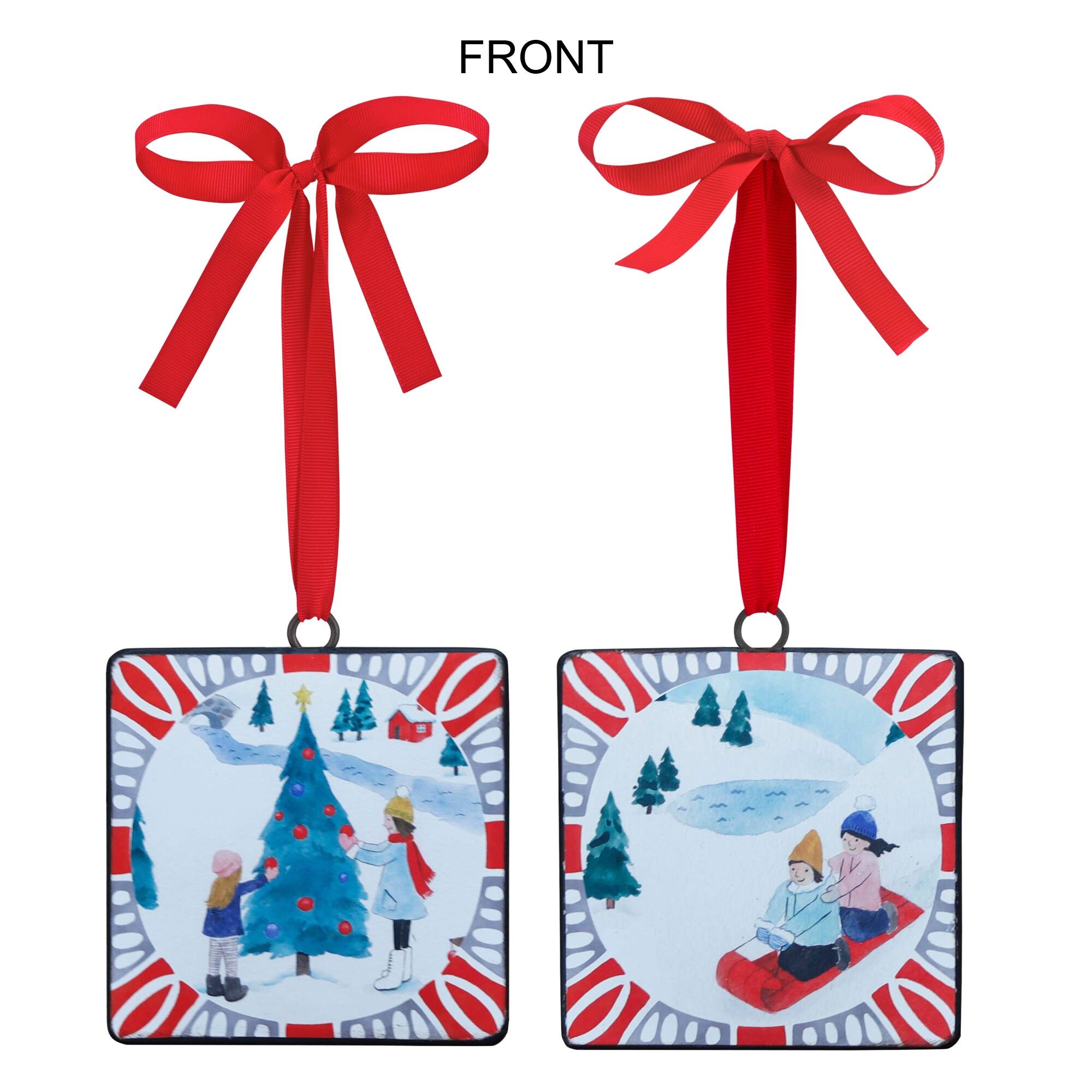 Front. BreeBe - Sledding and Christmas Tree Ornament (Set of 12) - Red, White, Blue.