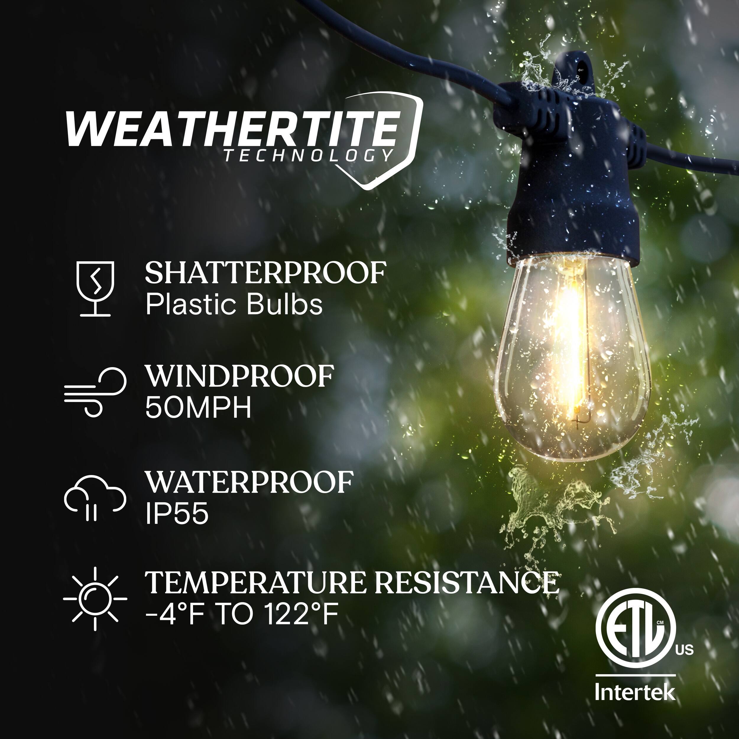 WEATHERTITE TECHNOLOGY  
- SHATTERPROOF Plastic Bulbs  
- WINDPROOF 50MPH  
- WATERPROOF IP55  
- TEMPERATURE RESISTANCE -4°F TO 122°F  

ETL US Intertek