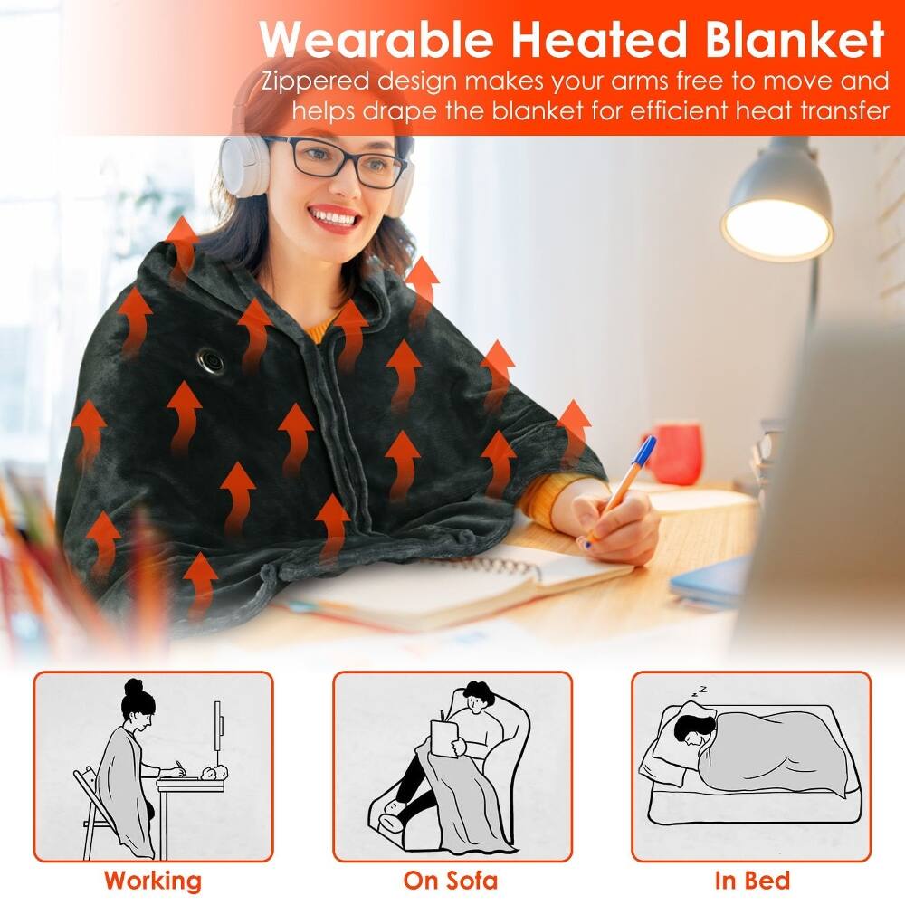 Wearable Heated Blanket  
Zippered design makes your arms free to move and helps drape the blanket for efficient heat transfer  

Working  
On Sofa  
In Bed