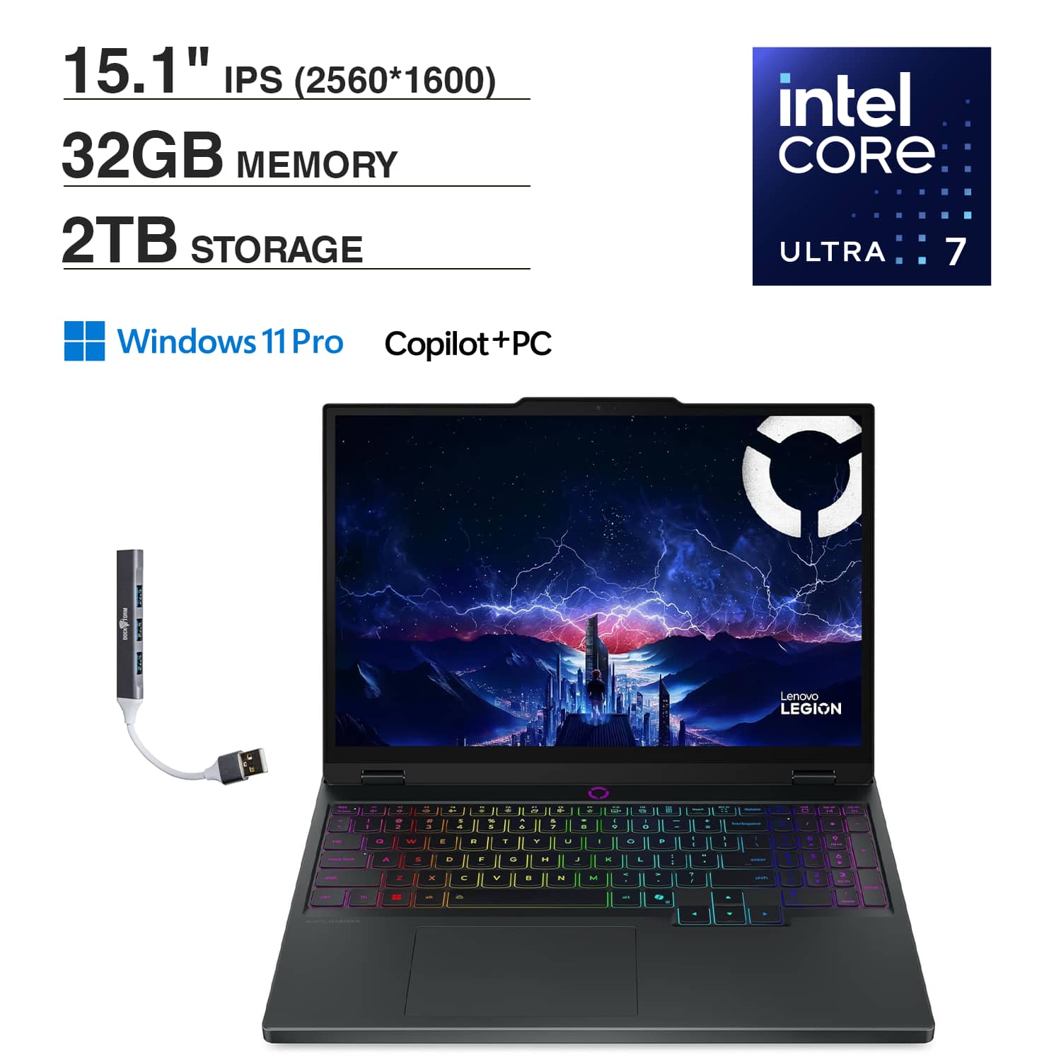 Lenovo - Upgraded - Legion 5i Laptop 15.1 WQXGA (Intel Core Ultra 7 255HX, 32GB DDR5, 2TB PCIe SSD, Win 11 Pro) w/USB Hub - Eclipse Black